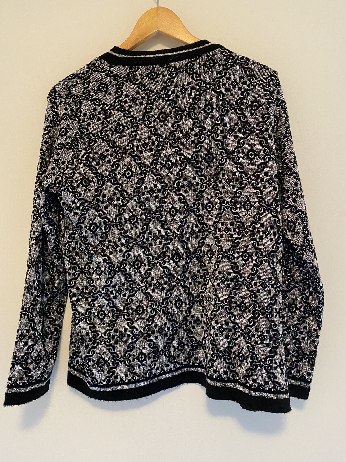 Vtg 1970s Size S Acrylic Lurex Open Cardigan Metallic Jacquard Knit Silver Black