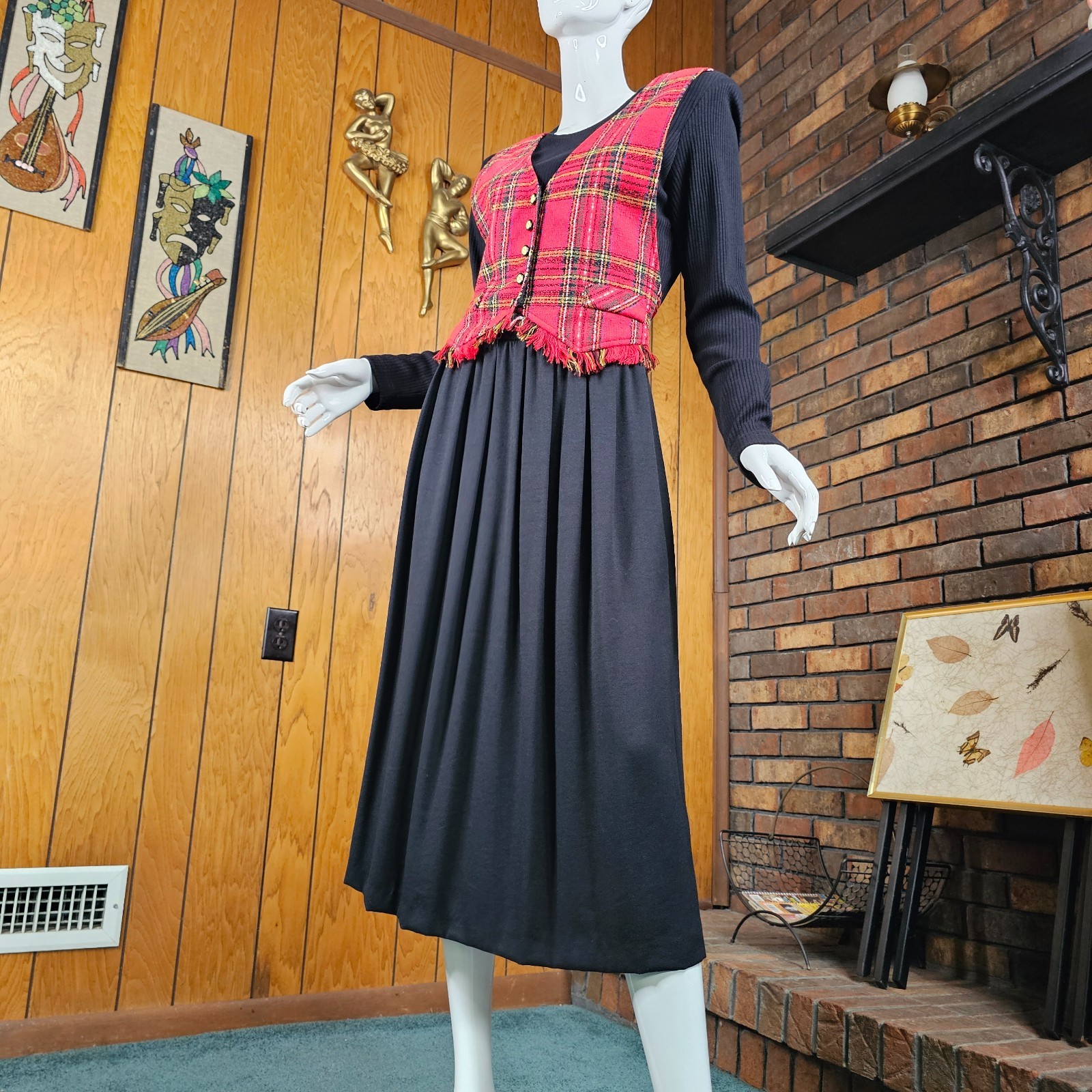 Vtg 90s Dark Academia British Preppy Plaid Riding Waistcoat Holiday Midi Dress L