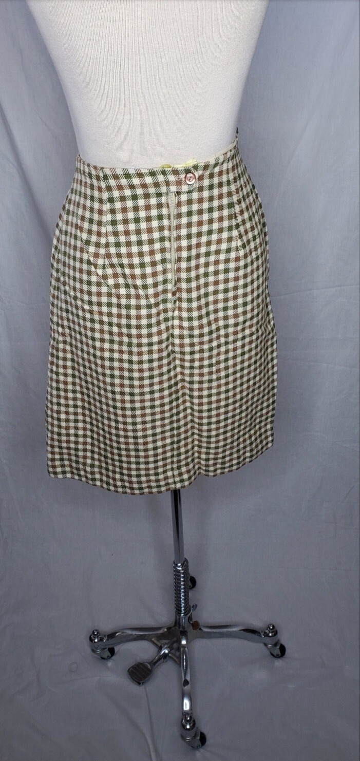 Vintage 1960s Cream With Olive Green Plaid A Line Skirt Size Small Union Made