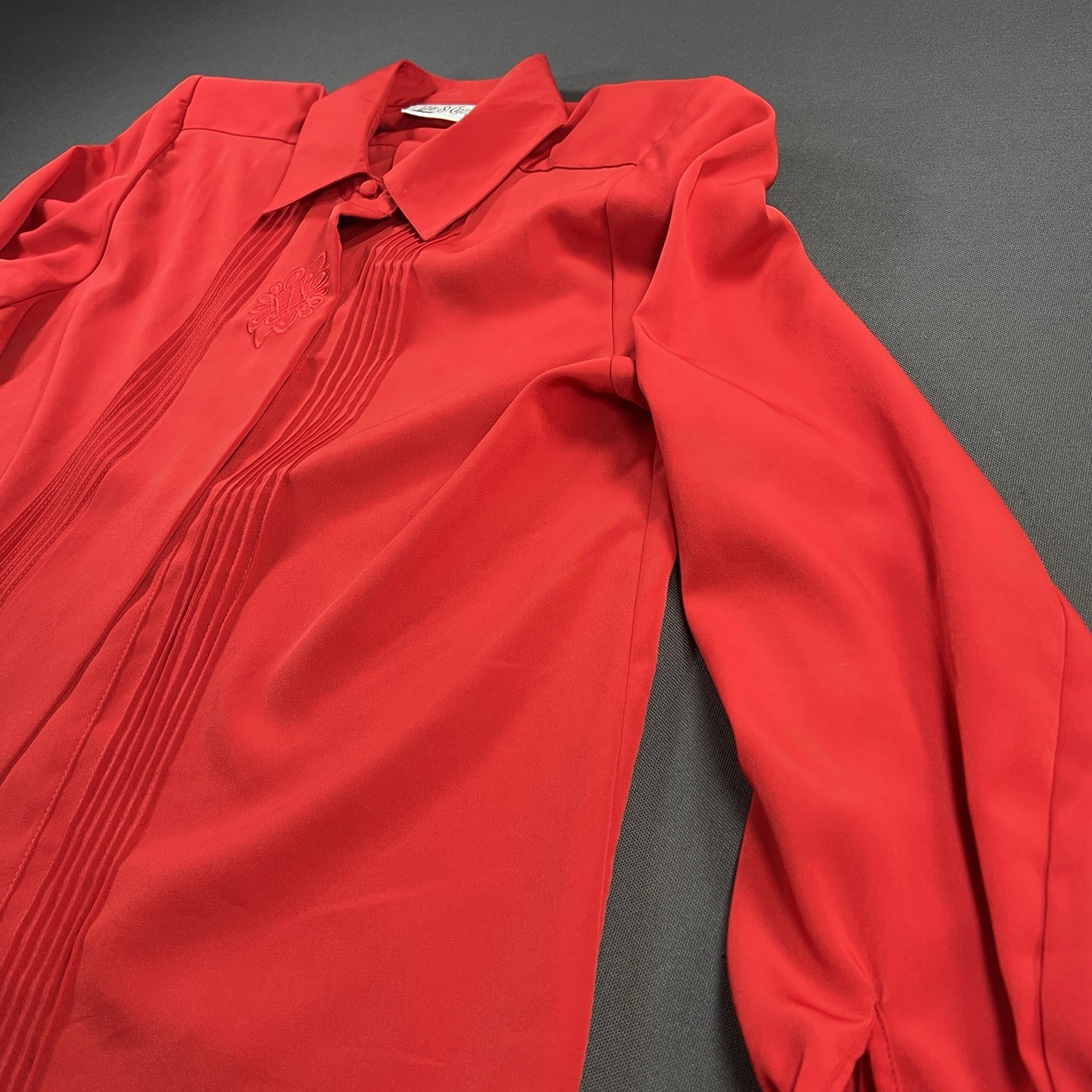 Vintage Yves St. Clair Petites 12P Red Pintuck Embroidered Blouse Shoulder Pads