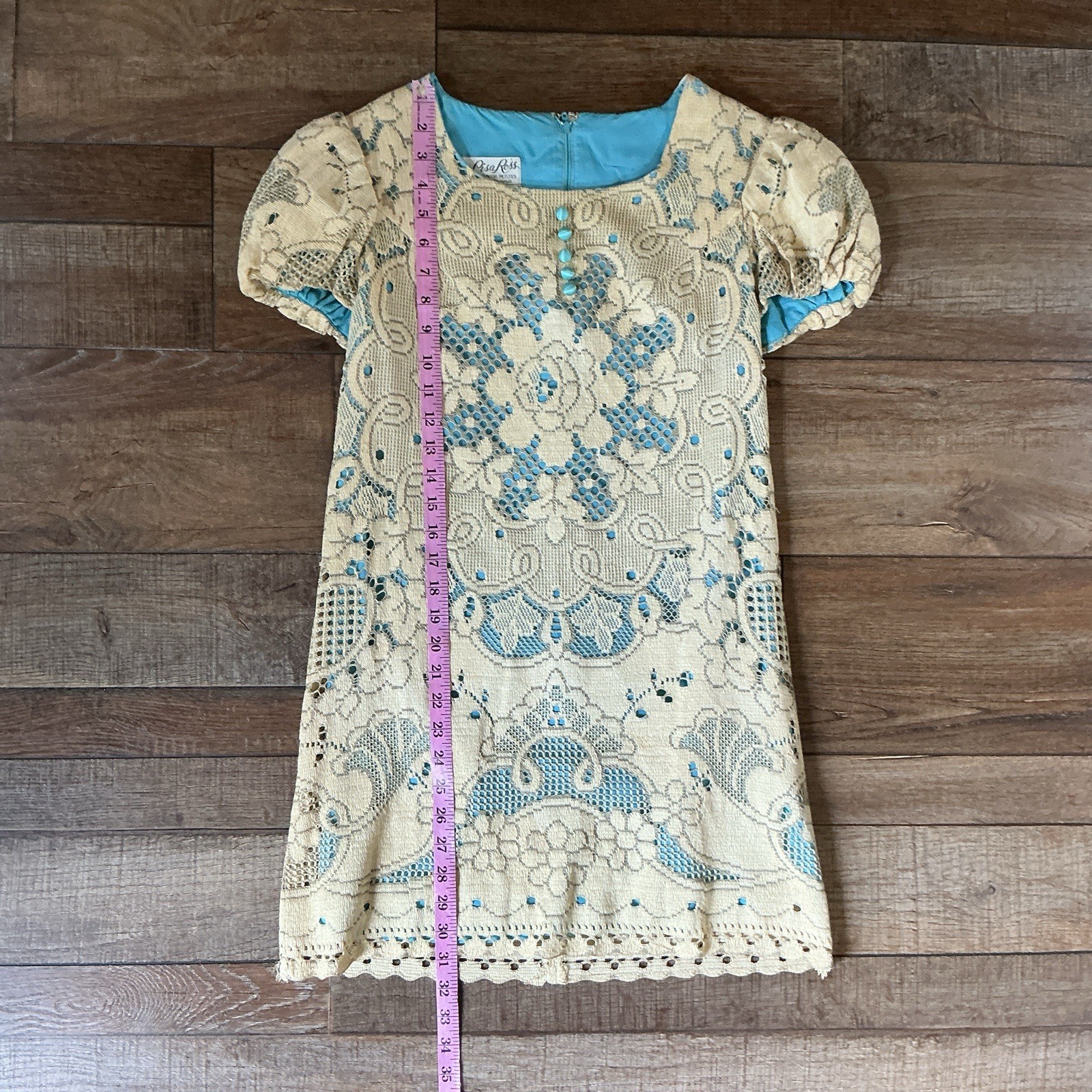 60s VINTAGE Lisa Ross California Lace Shift Dress Turquoise Lined Size 7 #10E3