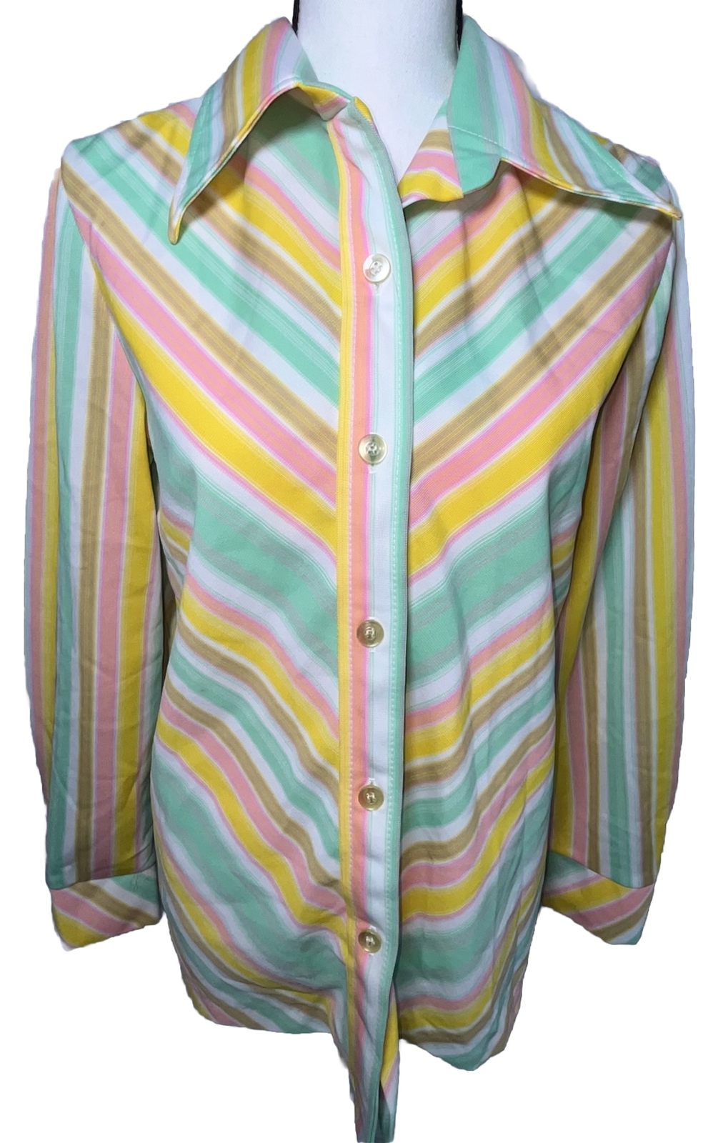 Vtg Shirt 70s Polyester Top Collar Spring Pastel Stripes Pink Aqua Brown L XL 40