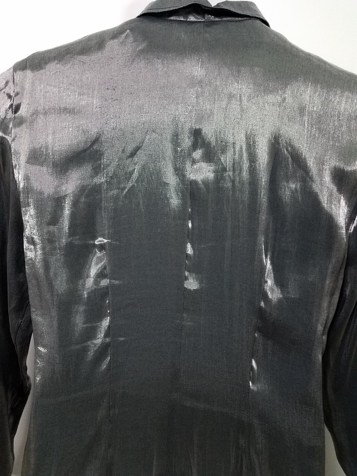 D.J. SUMMERS Disco 80’s Women’s Sz 12 Shirt Gray Shiny Satin Collar Buttons USA