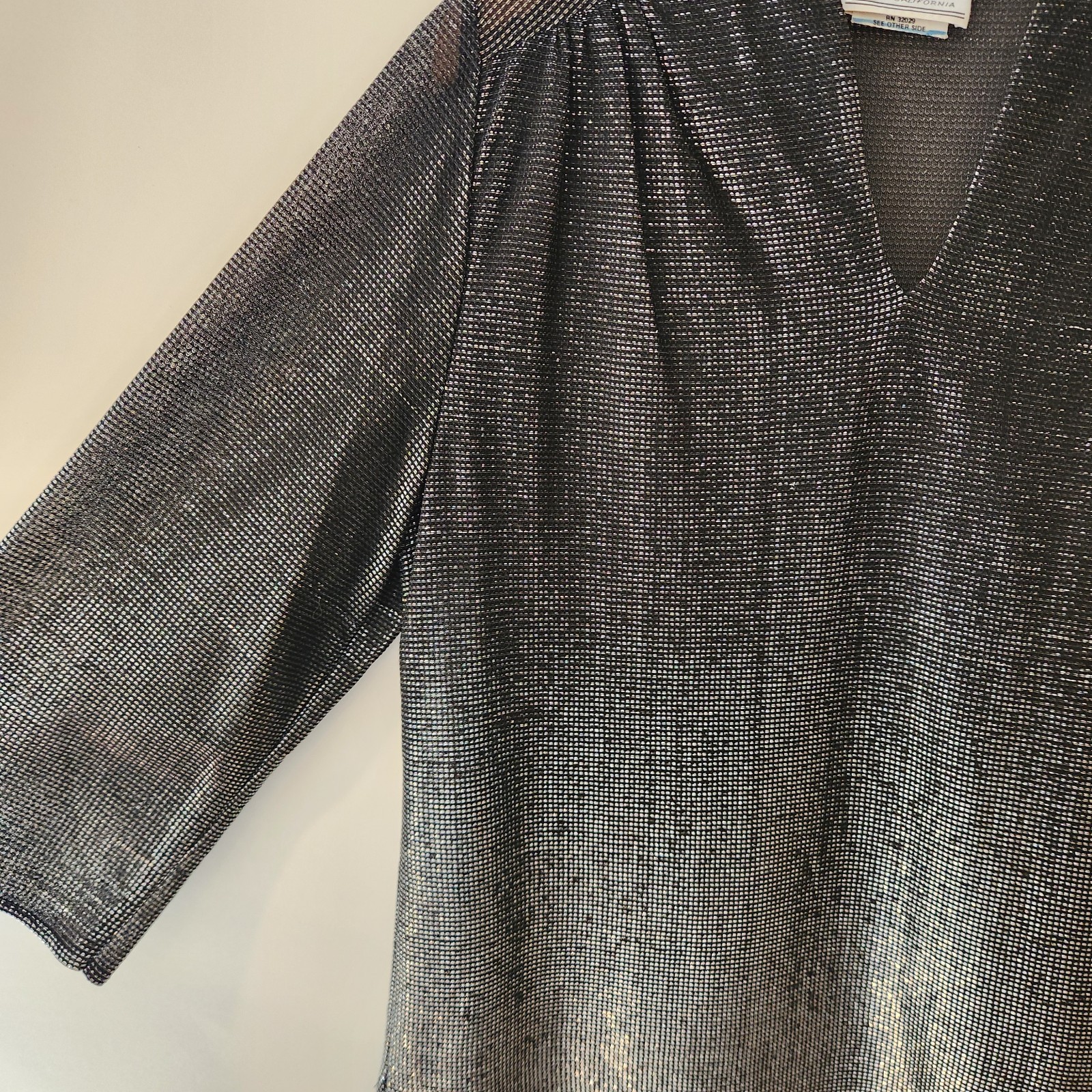 Vintage Teddi of California Black Silver Metallic Tunic V-Neck Disco Size 12