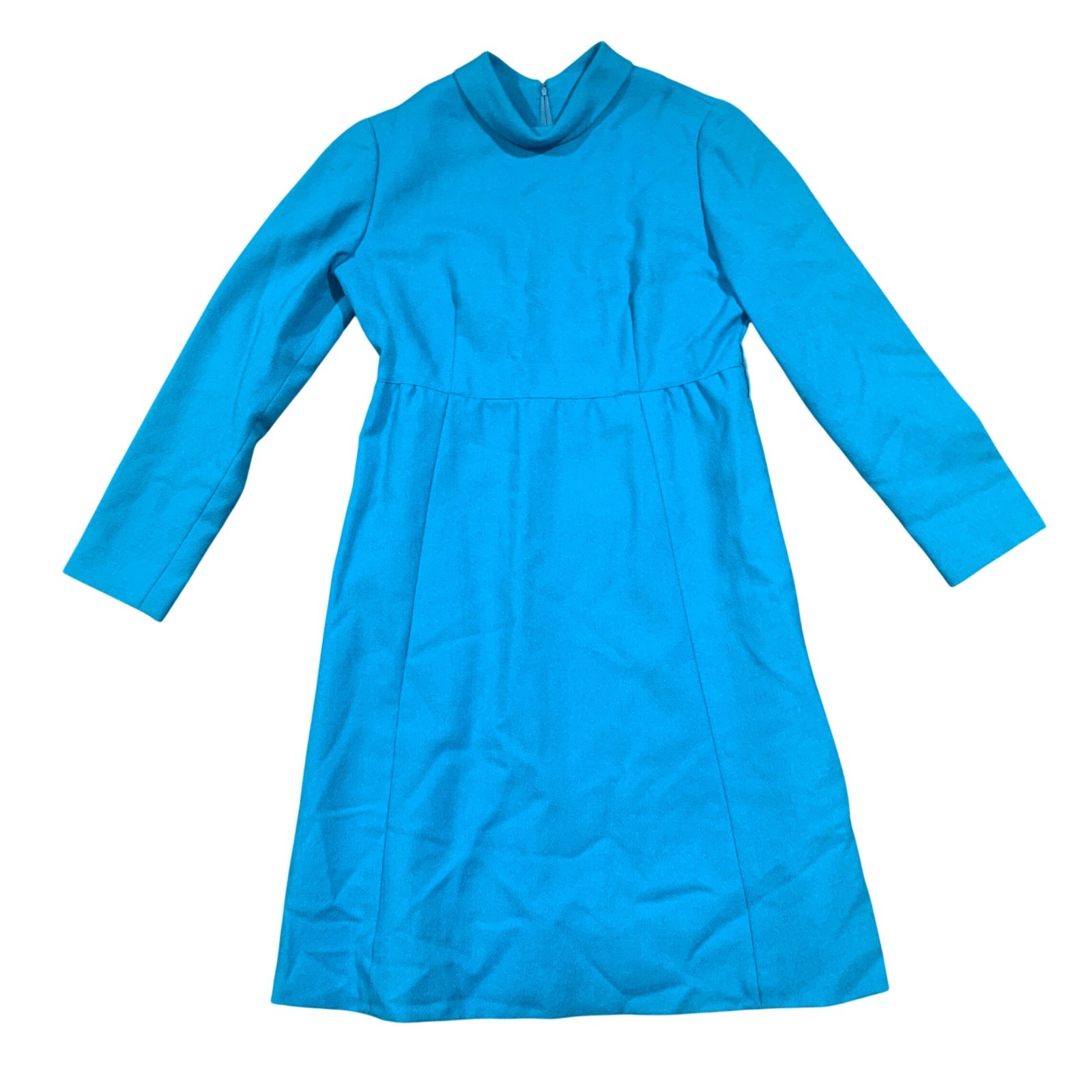Vintage 60s 70s Mod Bright Blue High Neck Long Sleeve A-Line Wool Dress 35 Bust