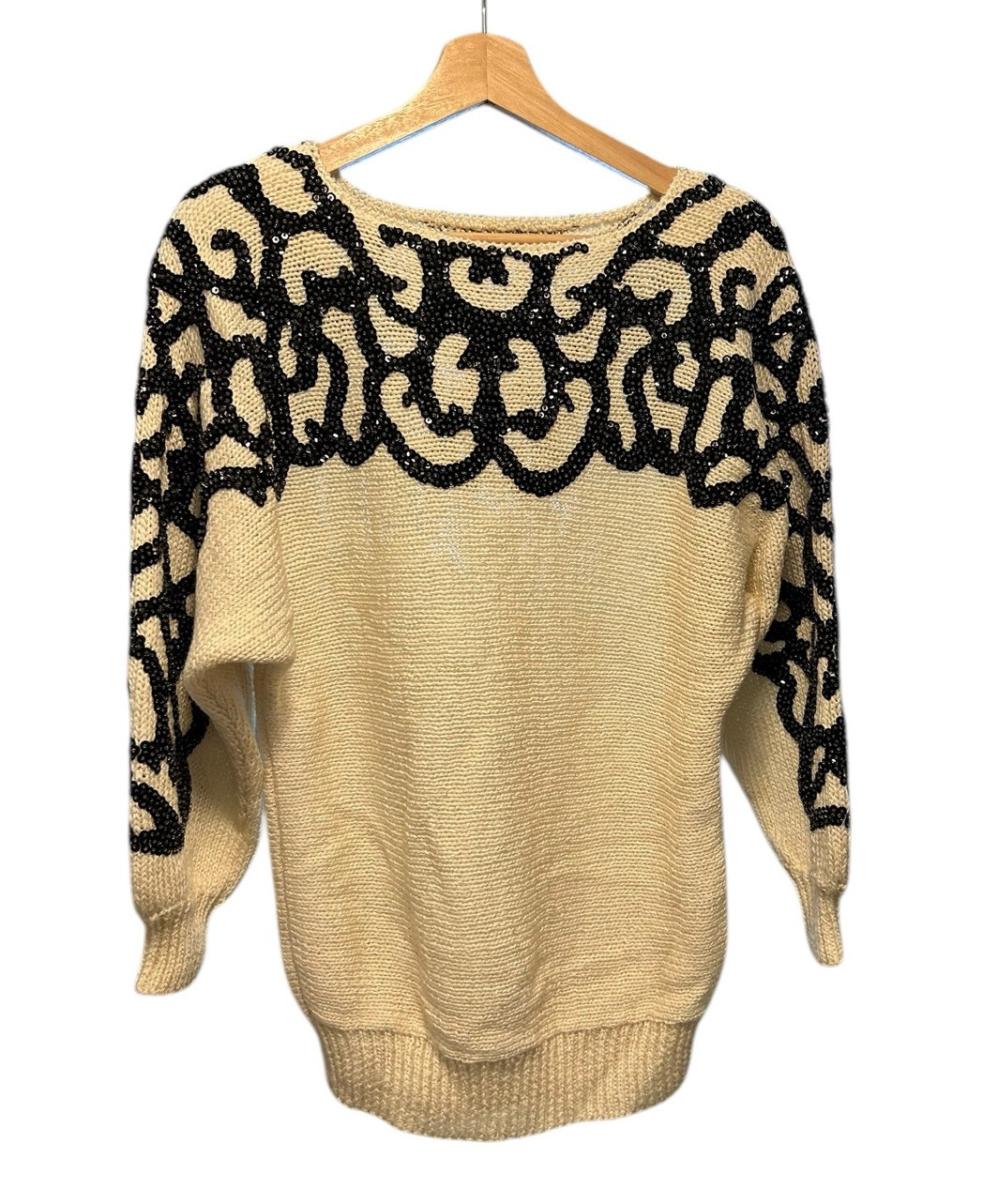 Vtg 80s Nannell Sequins Appliqué Embellished Knit Sweater Size S/M Black Ivory
