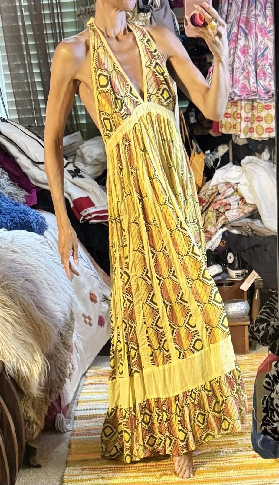Vtg Yellow 70s Halter Gauze Cotton India Maxi Dress Full Sweep Hostess Boho Glam