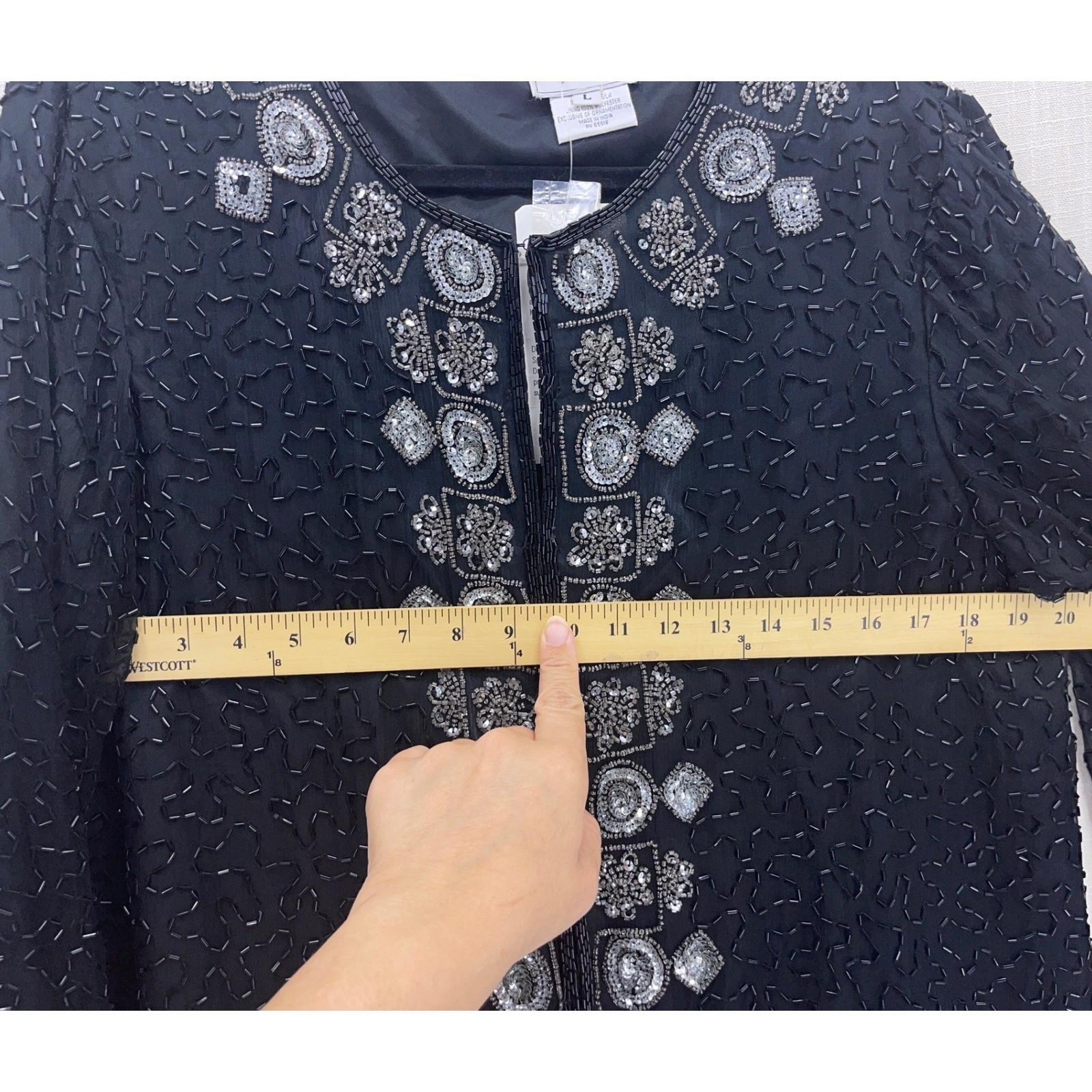 Stenay Black Beaded Silk Evening Jacket Large 80s Silver Sequin Formal Vintage
