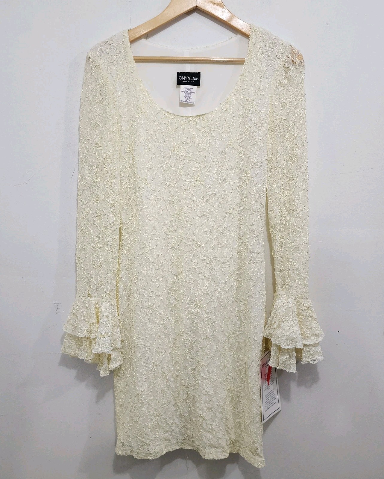 Onyx Nite 90s Vintage Cream Lace Bell Sleeve Mini Dress NEW Womens Sz 8 Stretch