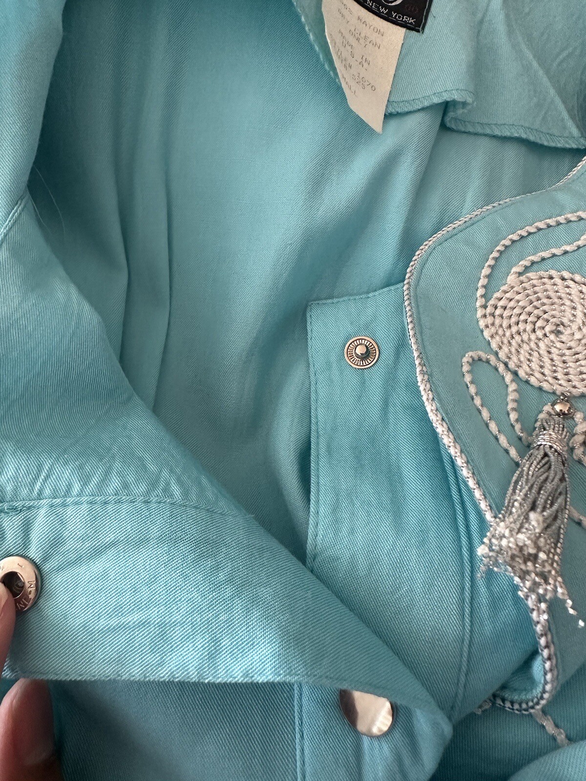 Vintage 80s 90s Teal One Piece Embroidered Tassel Fringe Jumpsuit Jacket Pants
