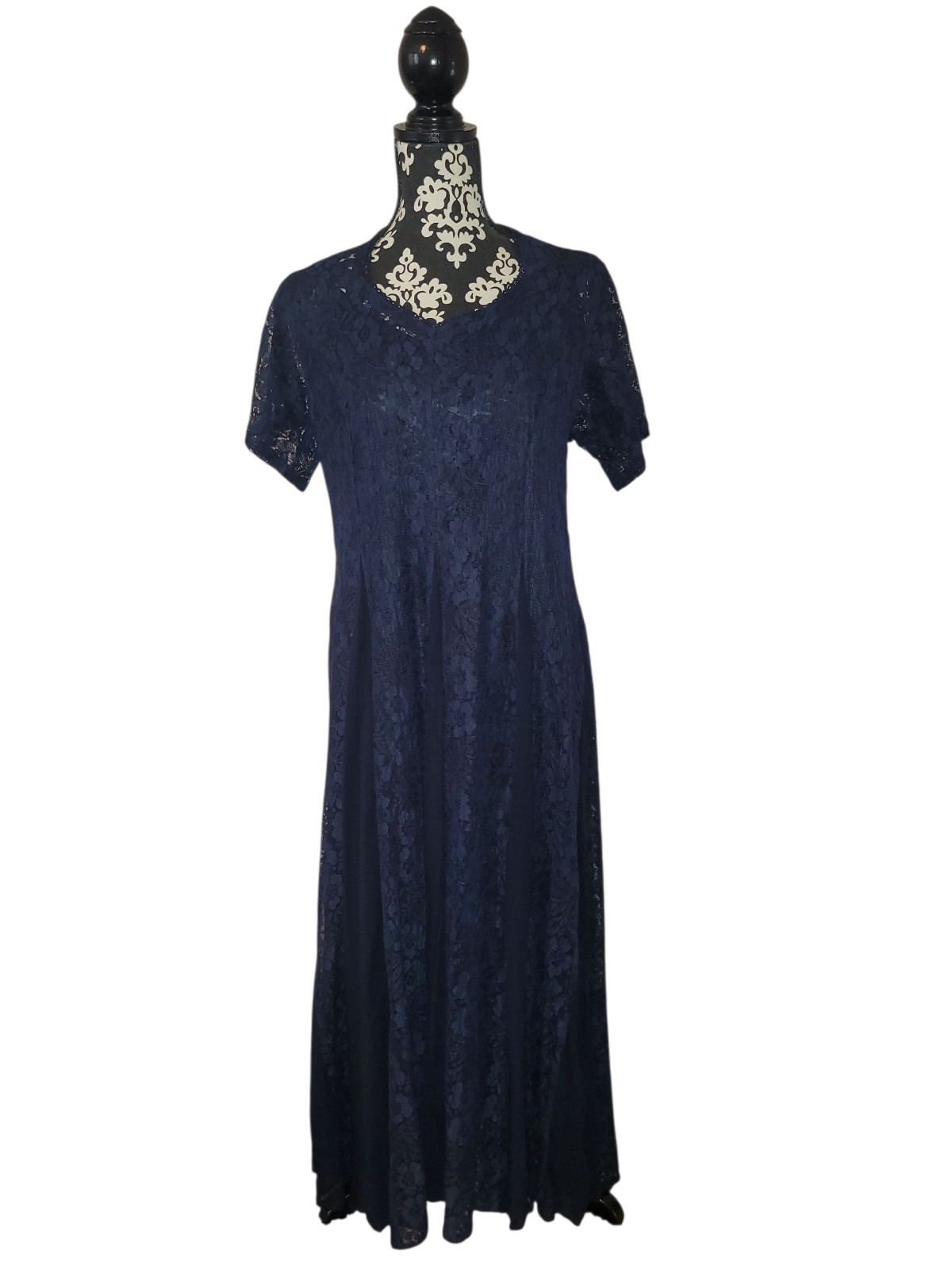 VTG Nostalgia Chiffon Lace Blue Sheer Overlay Maxi Dress Sz L Ethereal Witchcore