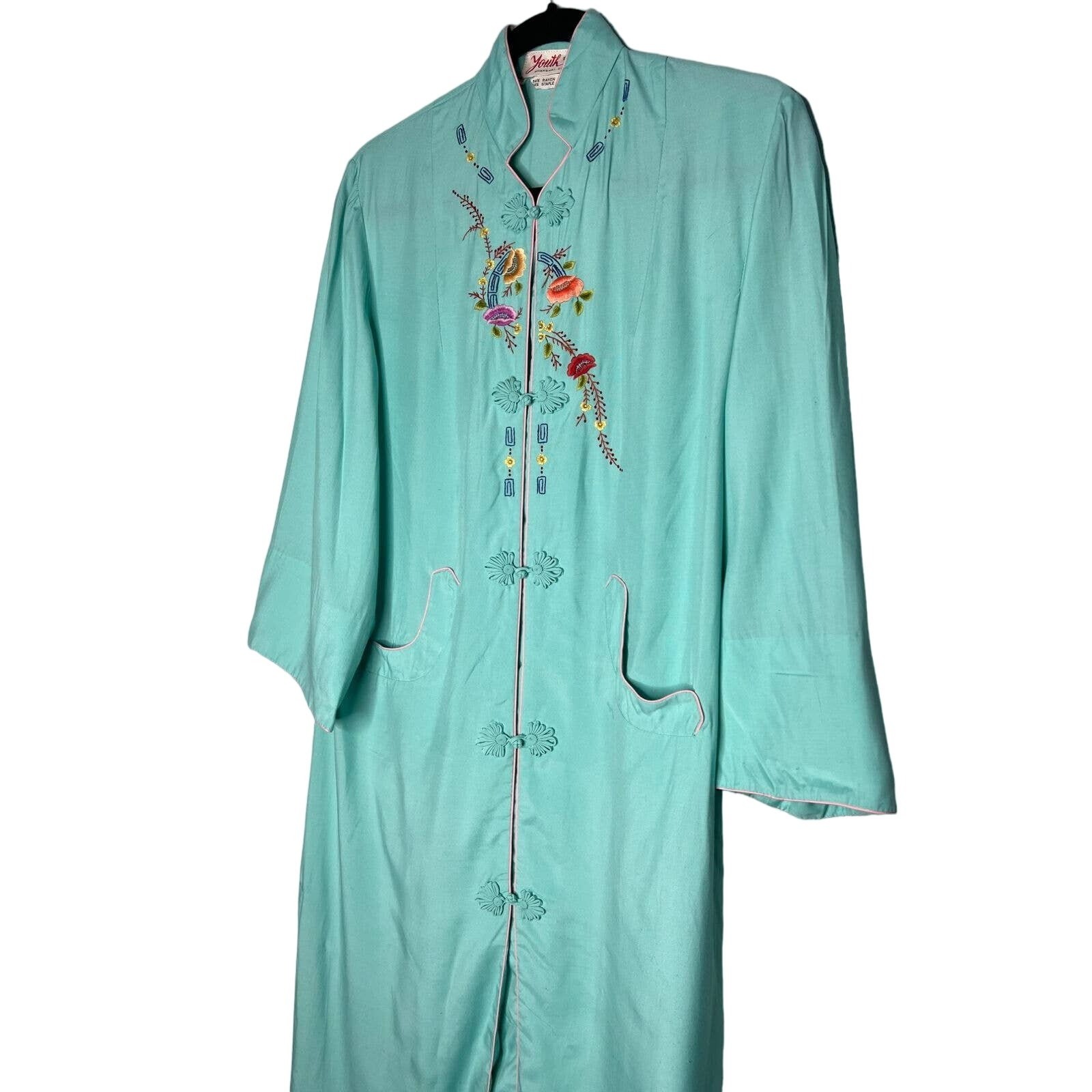 Vintage 60s Chinese Embroidered Robe Size Small Aqua Rayon House Coat Embroidery