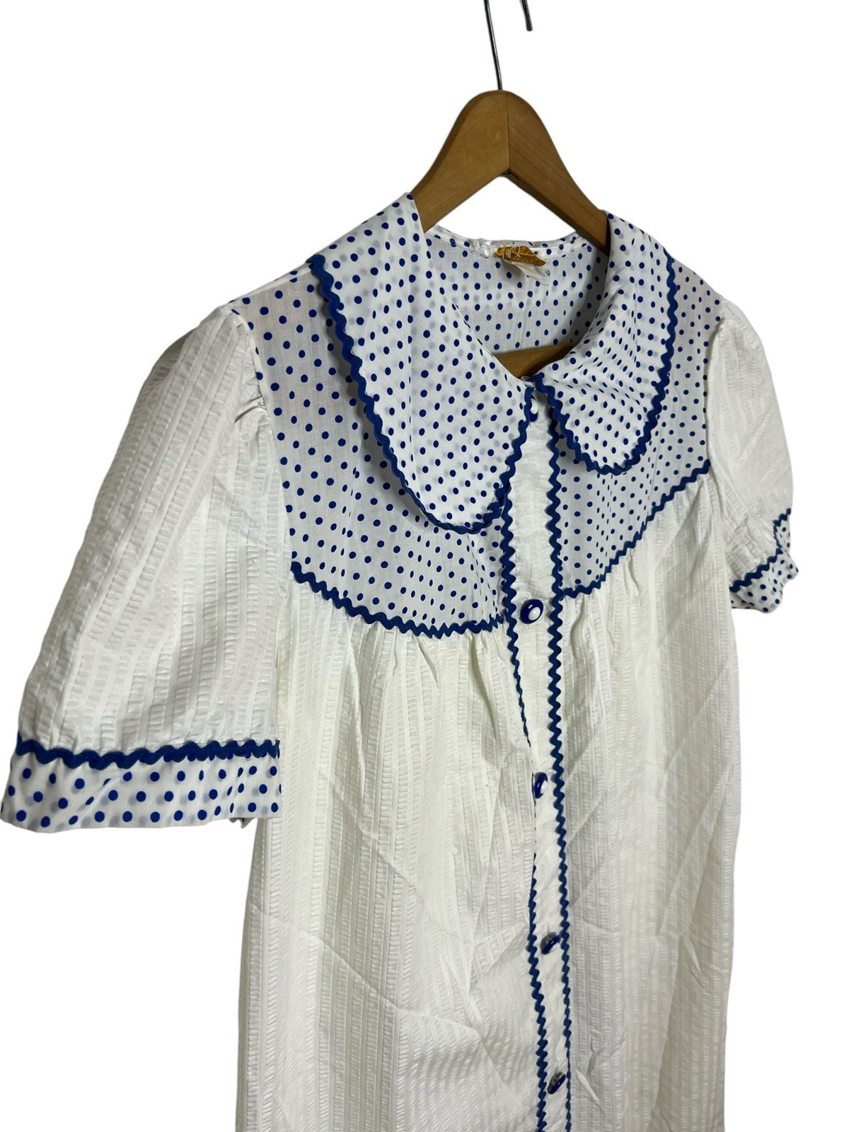 Vintage Nightgown House Dress White Blue Polka Dot Rick Rack Peter Pan Collar