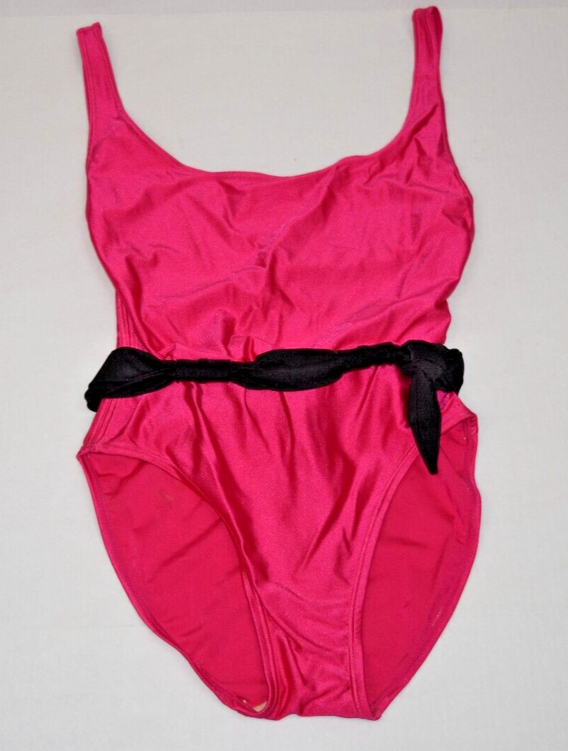 Vintage Swimsuit Aruba Size 12 80s Shimmery Hot Pink Black Belt Open Back NWT