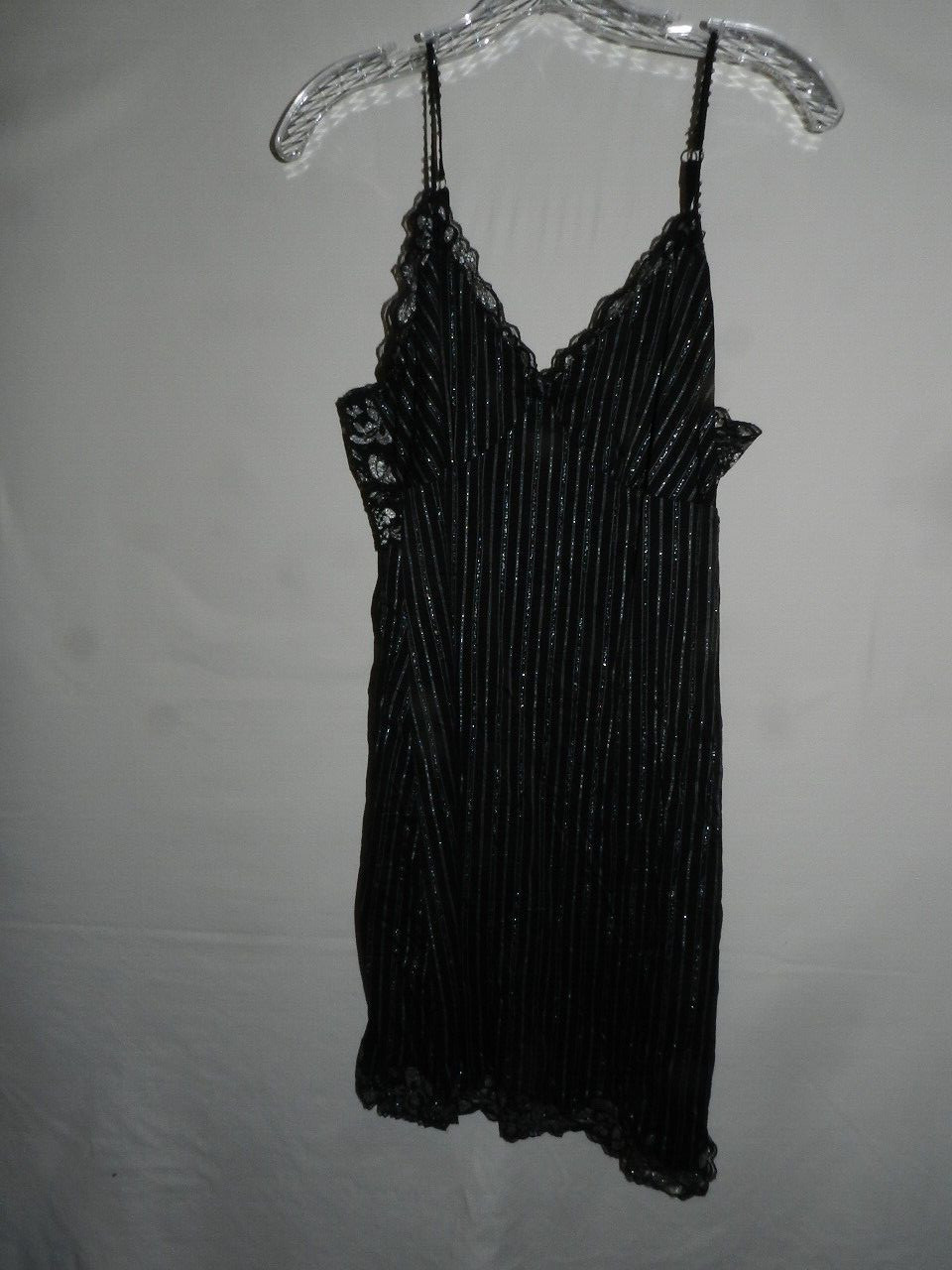 Soma Intimates L nightgown black silver pinstripe lace trimmed
