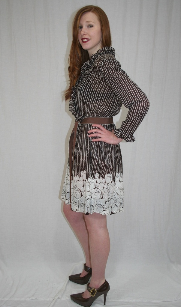 Vintage 80s Sheer Brown White Stripe FLORAL Dot Ruffle BOHO Secretary Dress M