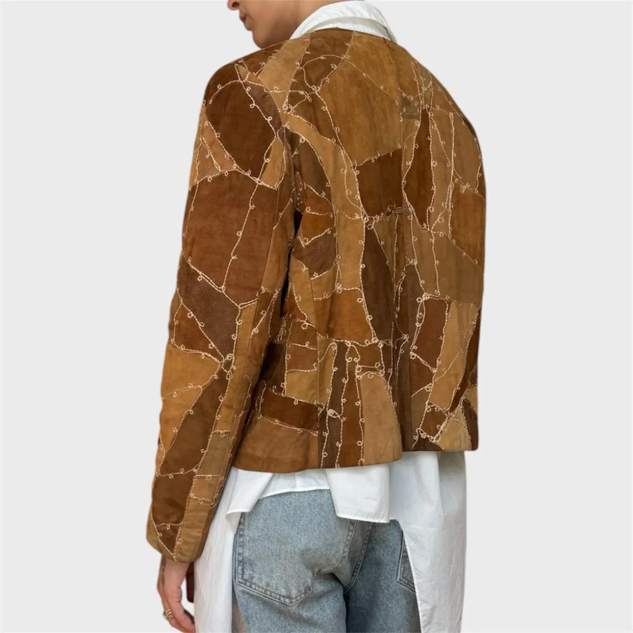 Vintage Brown Suede Patchwork Jacket | Embroidered Zip-Up Size US 8/ EU40