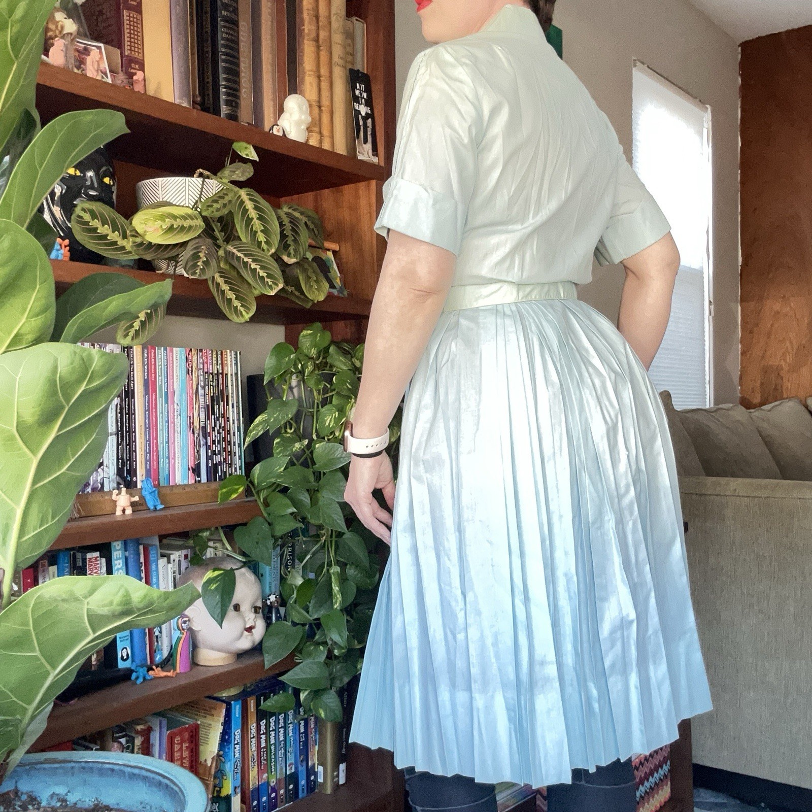 Vintage Light Blue Pleated Belted Dress by Westbury Fashions