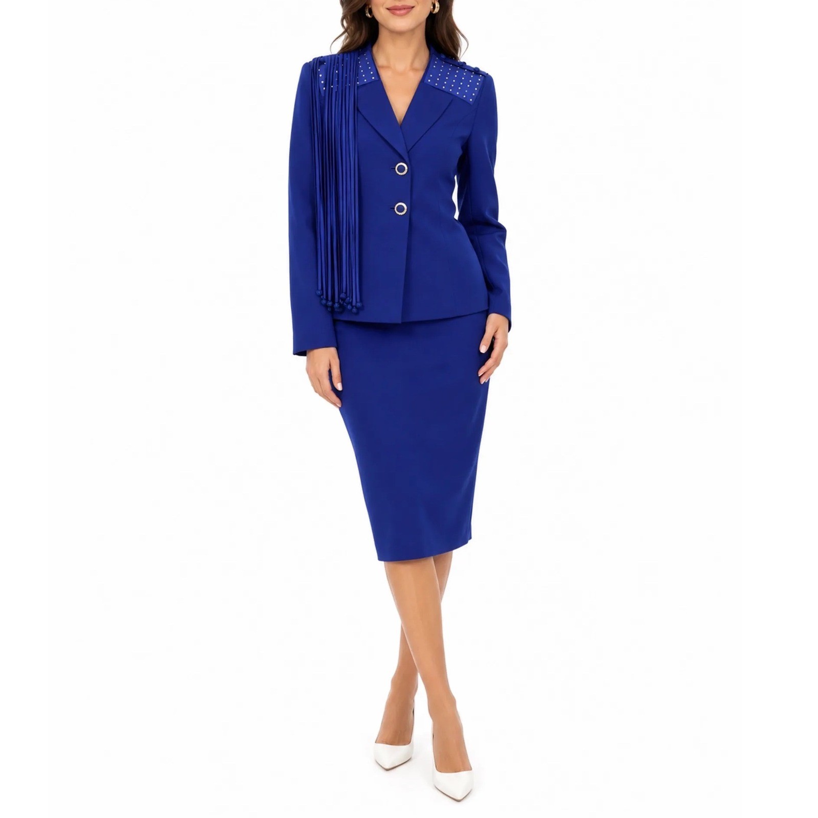 KB Stella Louise Fox Royal Blue Fringe Rhinestone Skirt Suit Set 16W Moon Button
