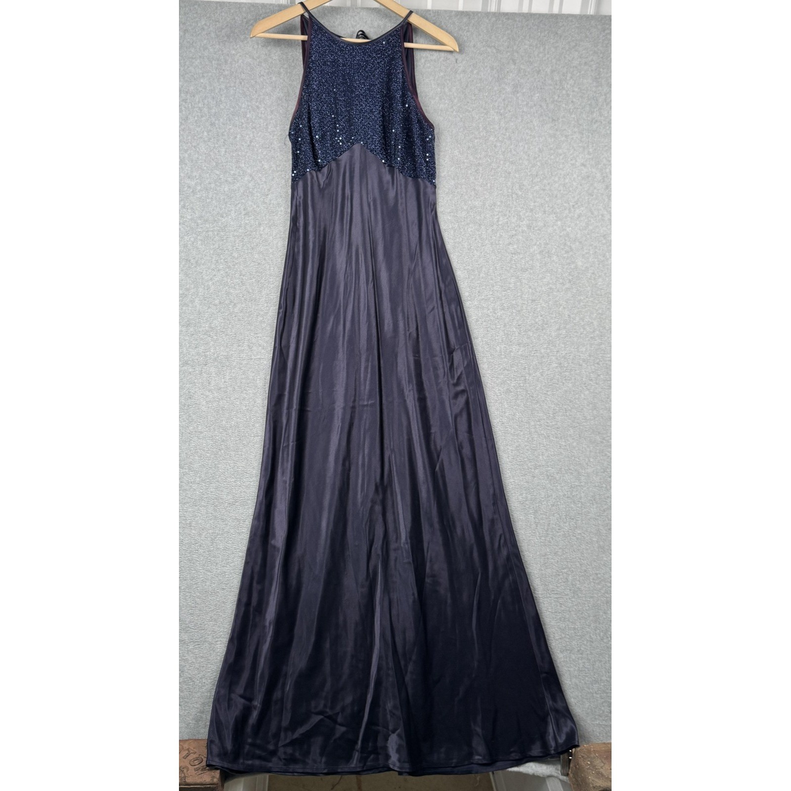 VTG Steppin Out Dress Womens 11/12 Navy Blue Maxi Sequined Y2K Open Back Satin