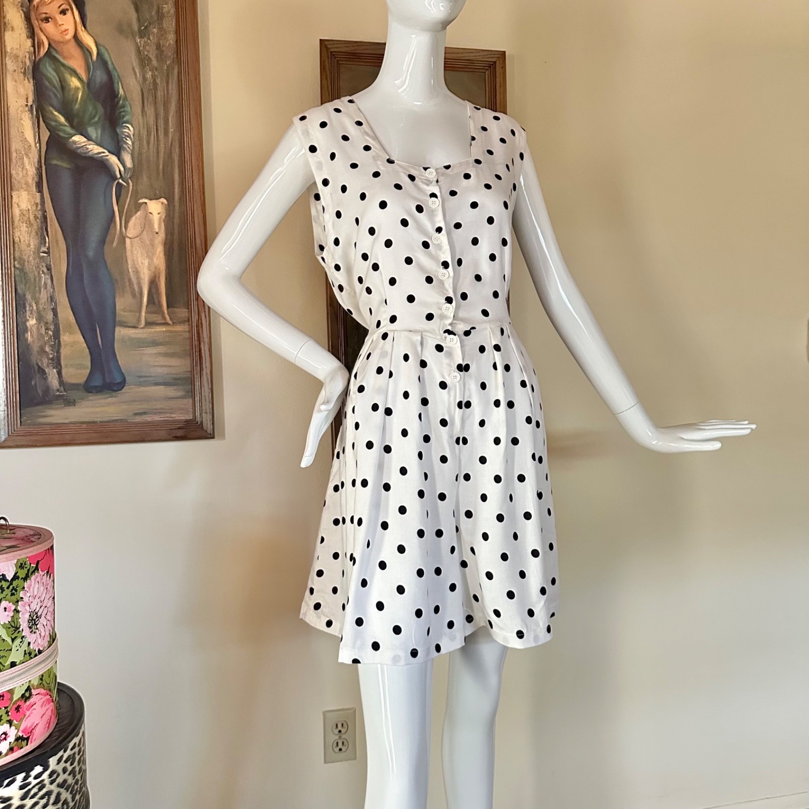 Vintage 1980s B&W Polka-dot Shorts Romper Rockabilly Pin-up Playsuit L Volup