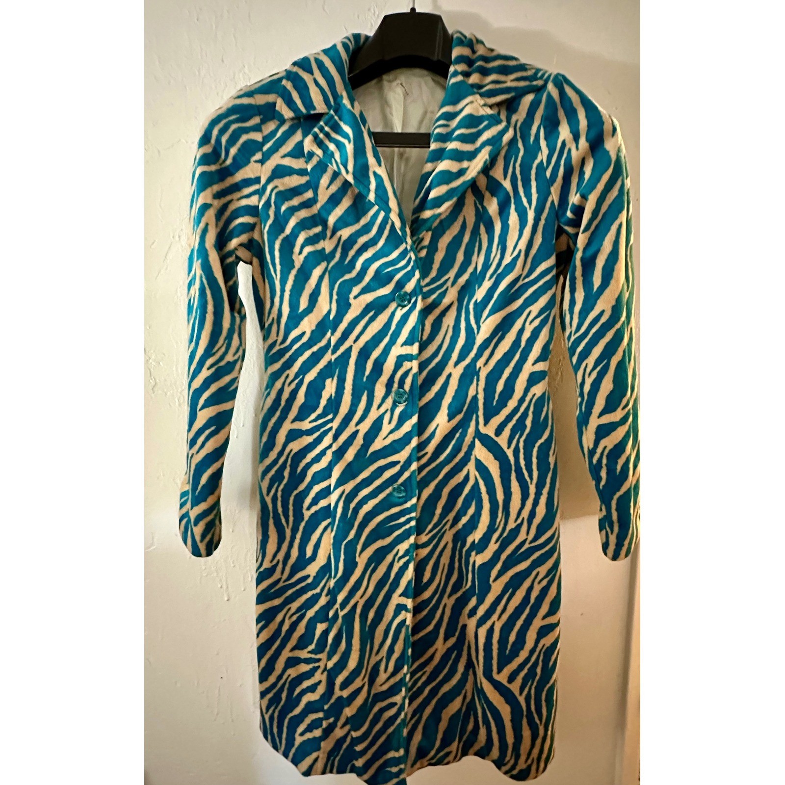 Vintage Vibe Teal & Tan Zebra Print Faux Fur Suede Trench Coat Large