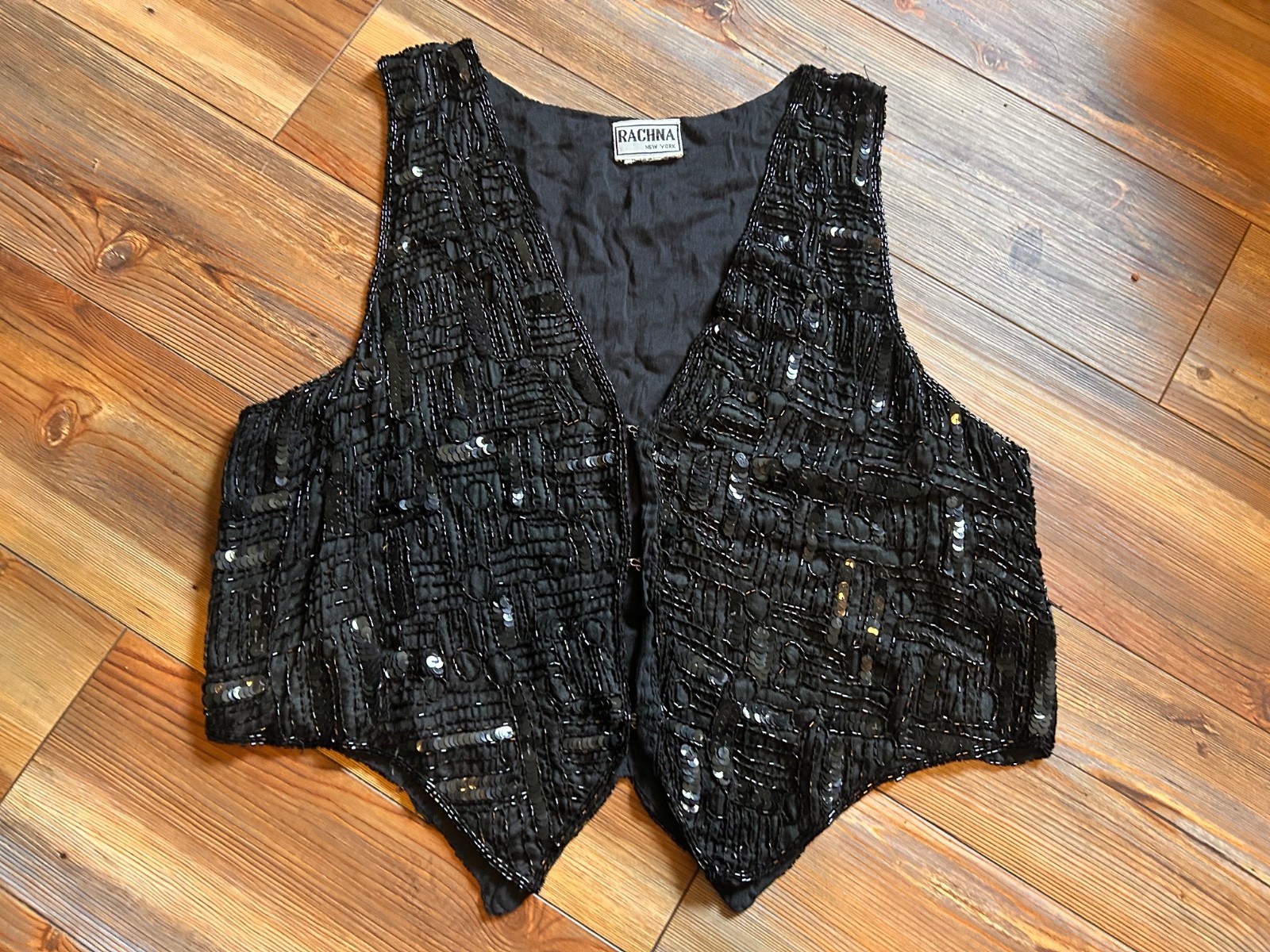 Vintage Crop 80s 90s Y2K Rachna Black Silk Sequined Beaded Vest Small Glam Sexy