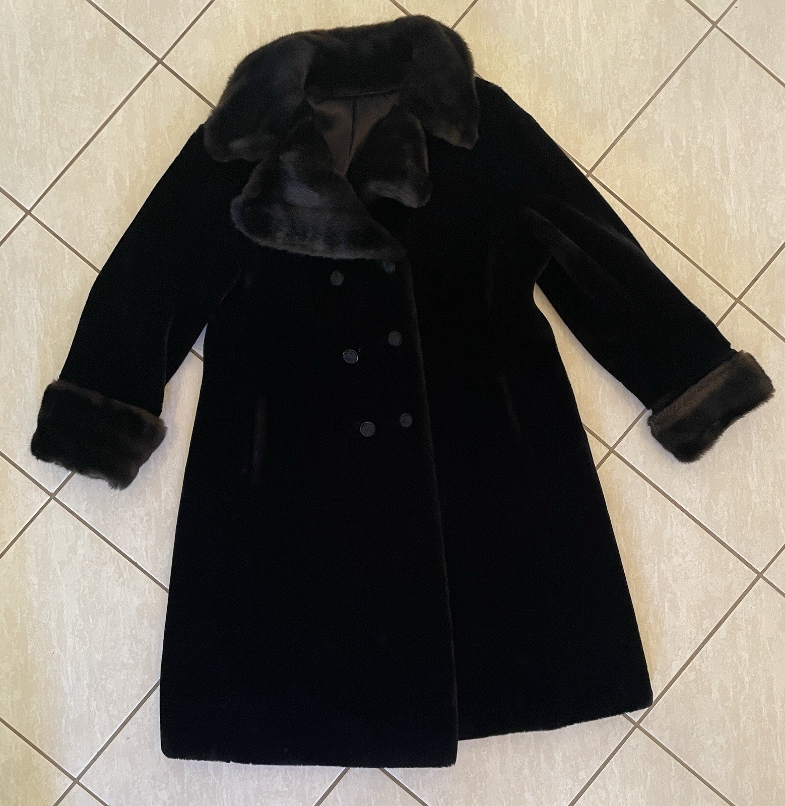Vtg 60s Borgana Sportowne Black Faux Fur Coat ILGWU Union Double Breasted M/L