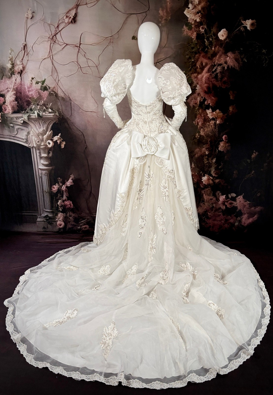 1980s Duchess Satin Wedding Dress w/Juliet Puff Sleeves & Chapel Train size 8