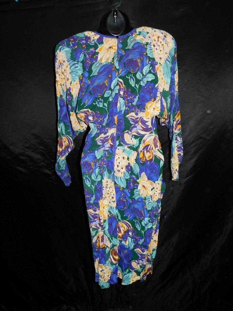 Vtg 80s Choon S Purple Yellow Floral Midi Shift Dress Pockets Blouson Textured