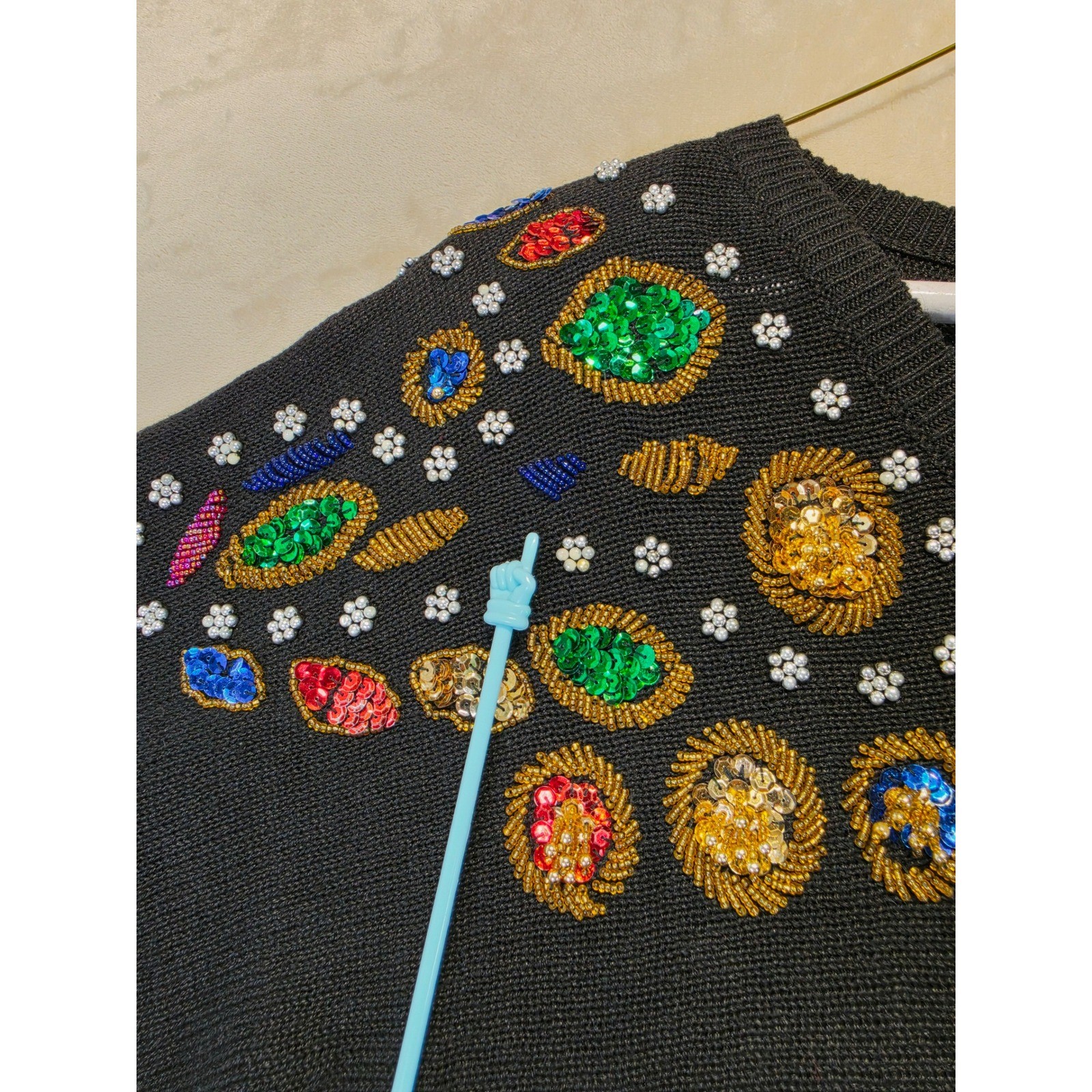 Vintage 1991 SML Sport Ltd Black Beaded Sequin V-Neck Sweater Womens M Retro