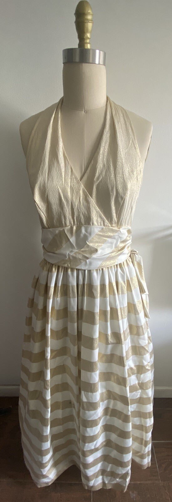 Vintage Niki Originals Halter Dress Prom White & Gold Metallic Union Label SZ 14