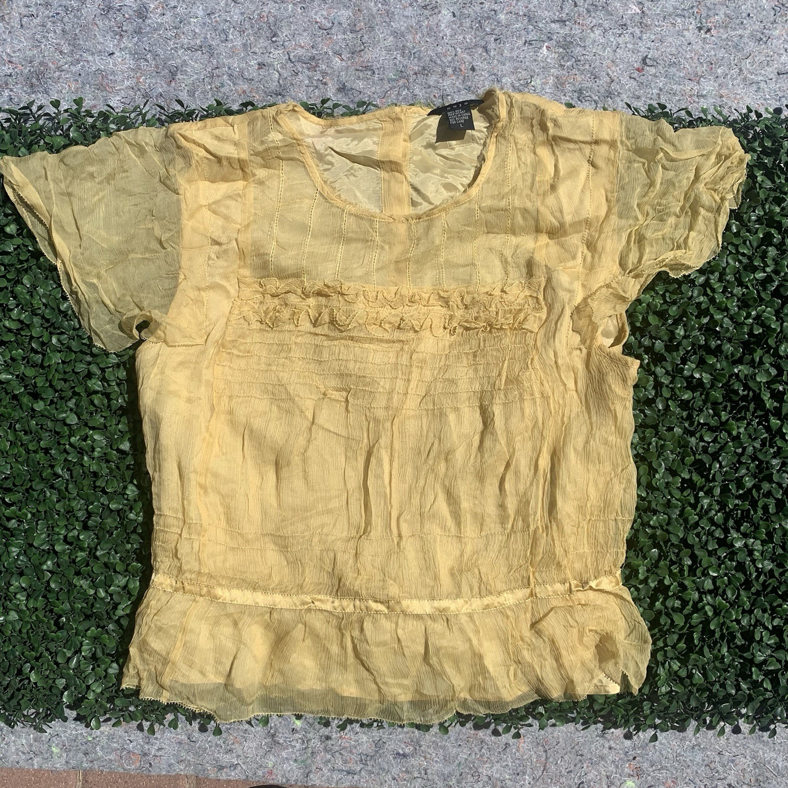 As Is vintage 90s Y2K designer yellow gold silk chiffon crop blouse top