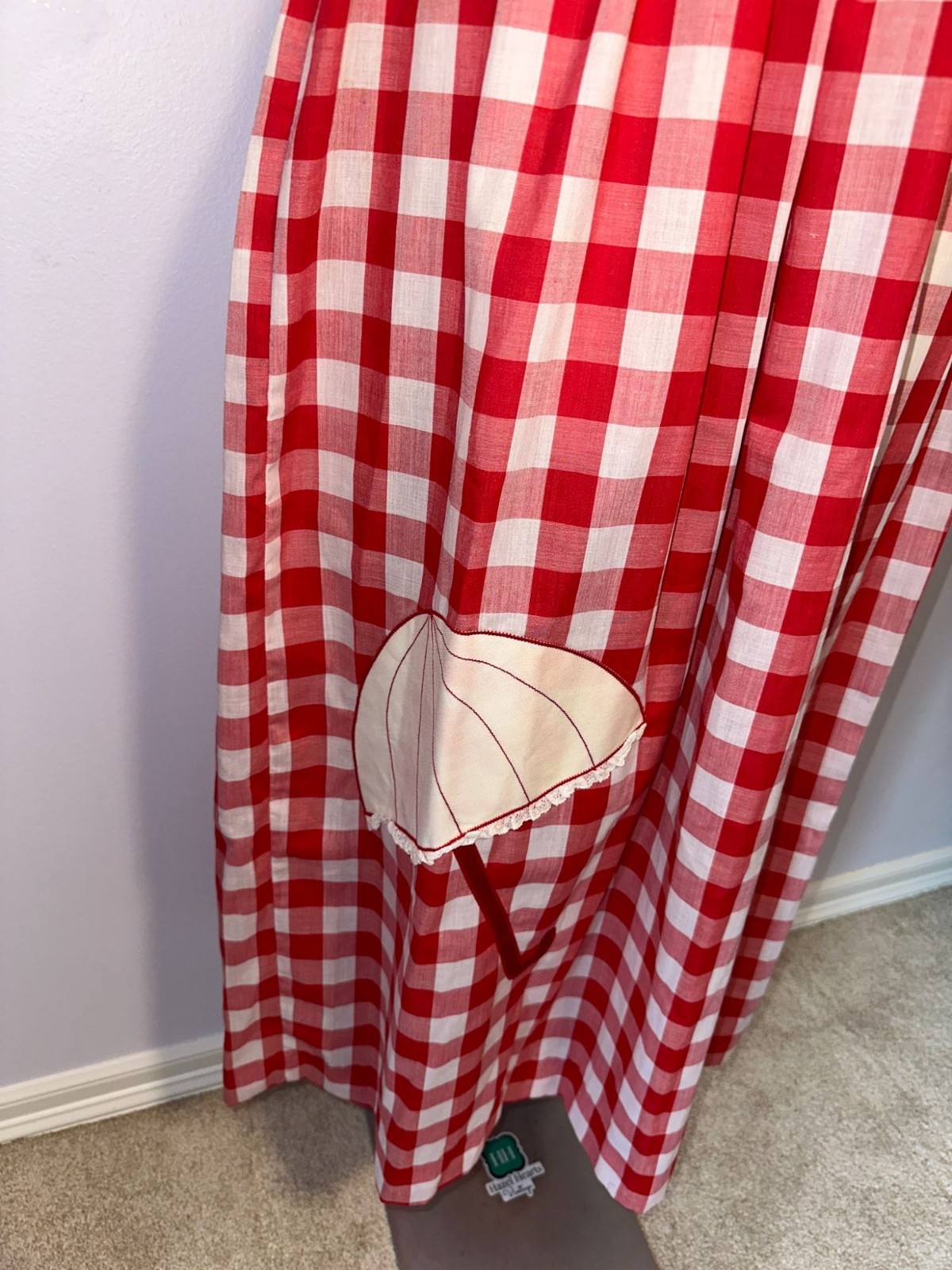 Vintage 70s Red Gingham Maxi Dress Concept Swirl Umbrella Applique Picnic 10