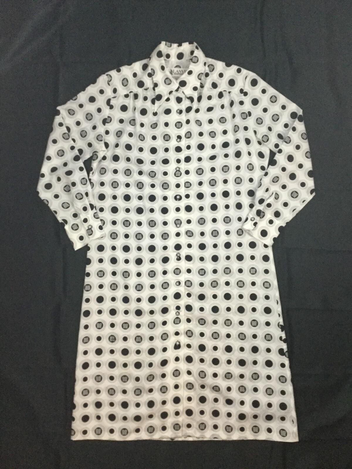 Vintage Lanvin Paris New York Shirt Dress Sz 16 Signature Logo Black White Dots
