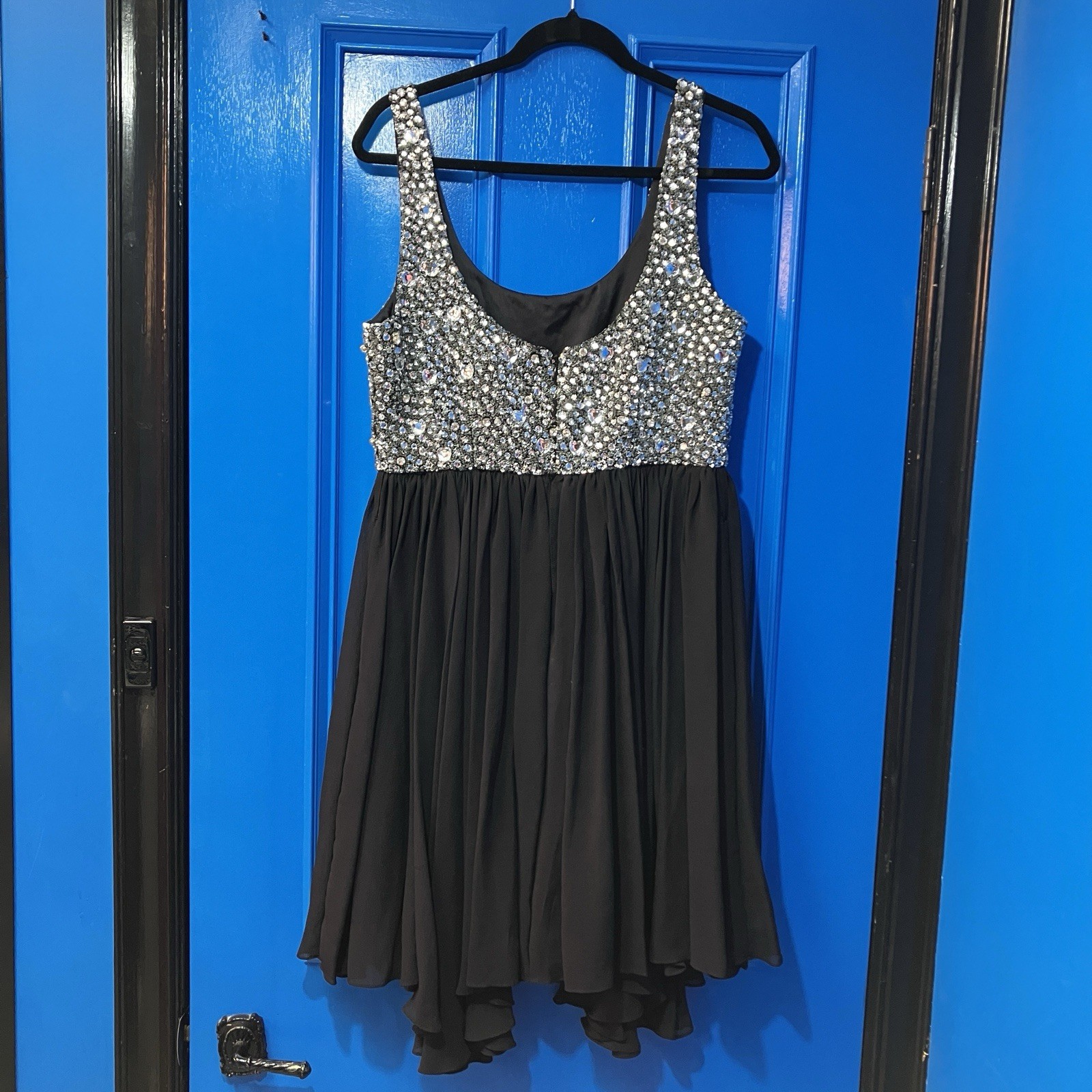 Vintage 90s Style Black Silver Sequin Diamonte Cocktail Mini Dress Sz 10 approx