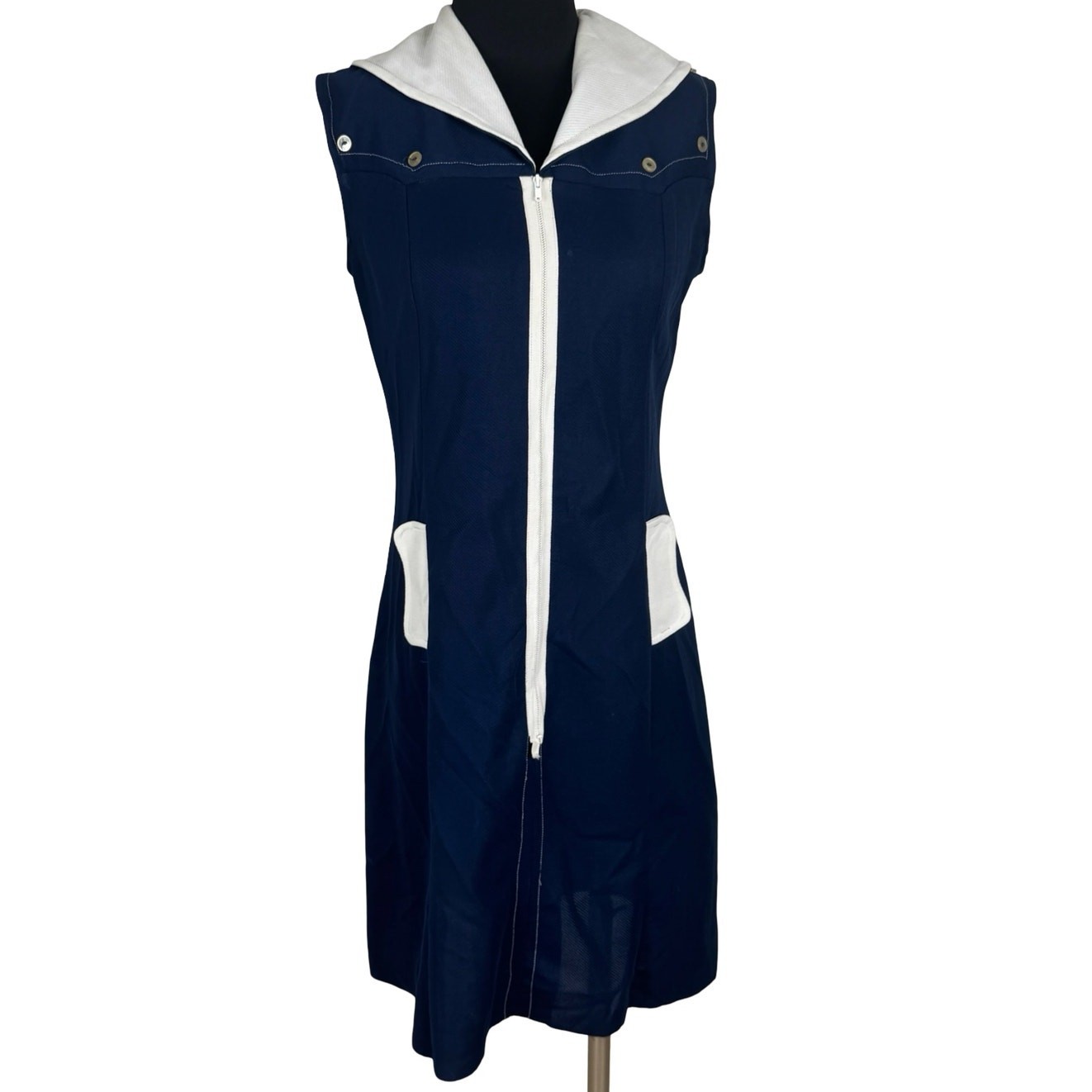 Vintage 60s 70s Mod Nautical Sailor Dress Blue Crimplene Upcycle Sewing Project