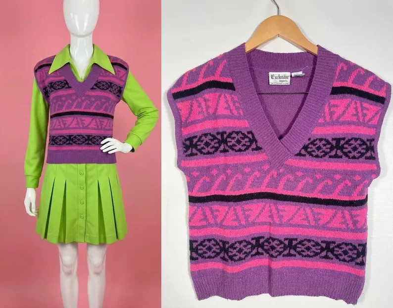 Vintage 1980s Fair Isle Geometric Angora Silk Blend Knit Sweater Vest Size S/M