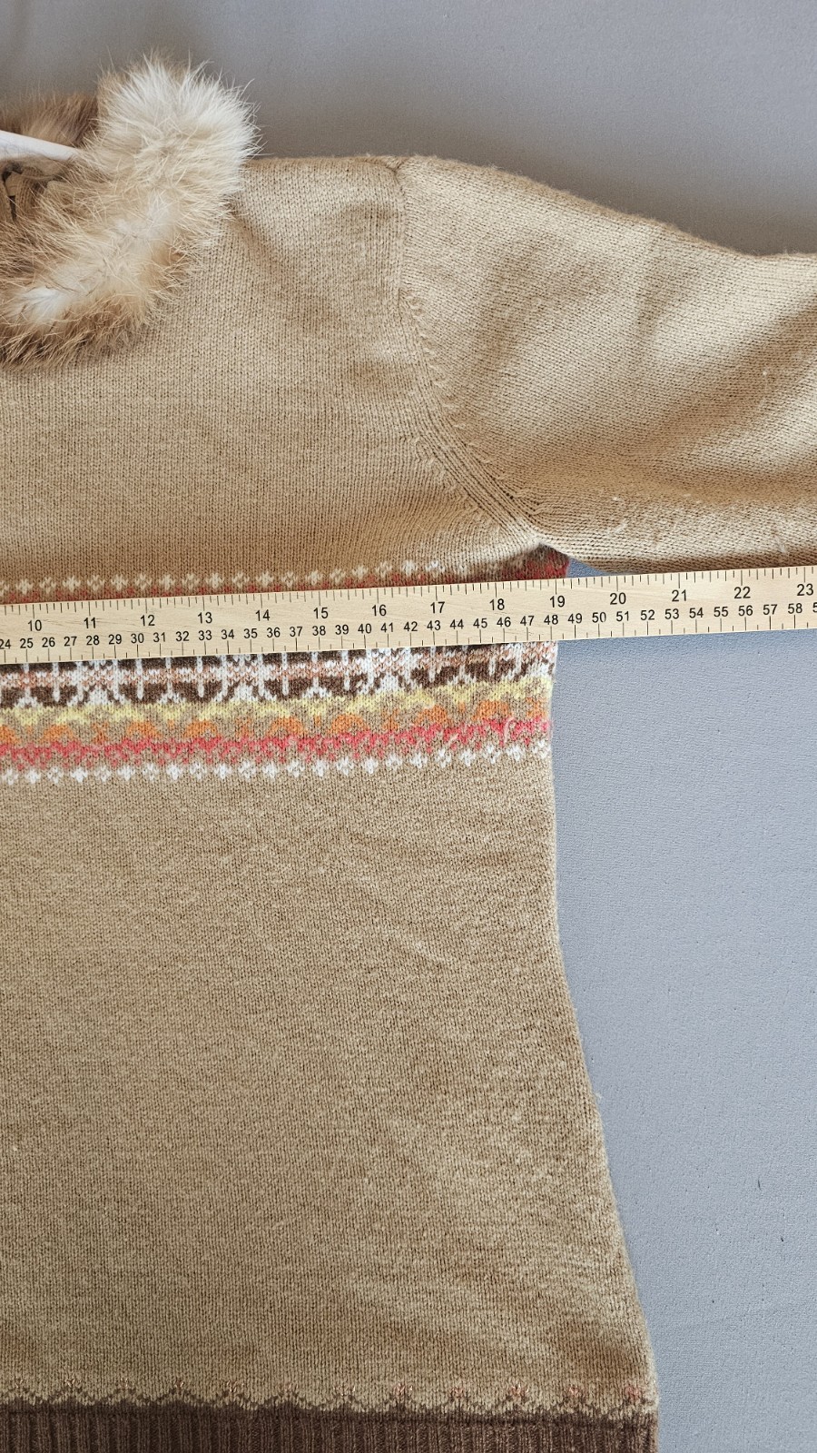 Vintage Casual Corner Lambswool Cashmere Sweater Real Fur Collar M Y2K Fair Isle