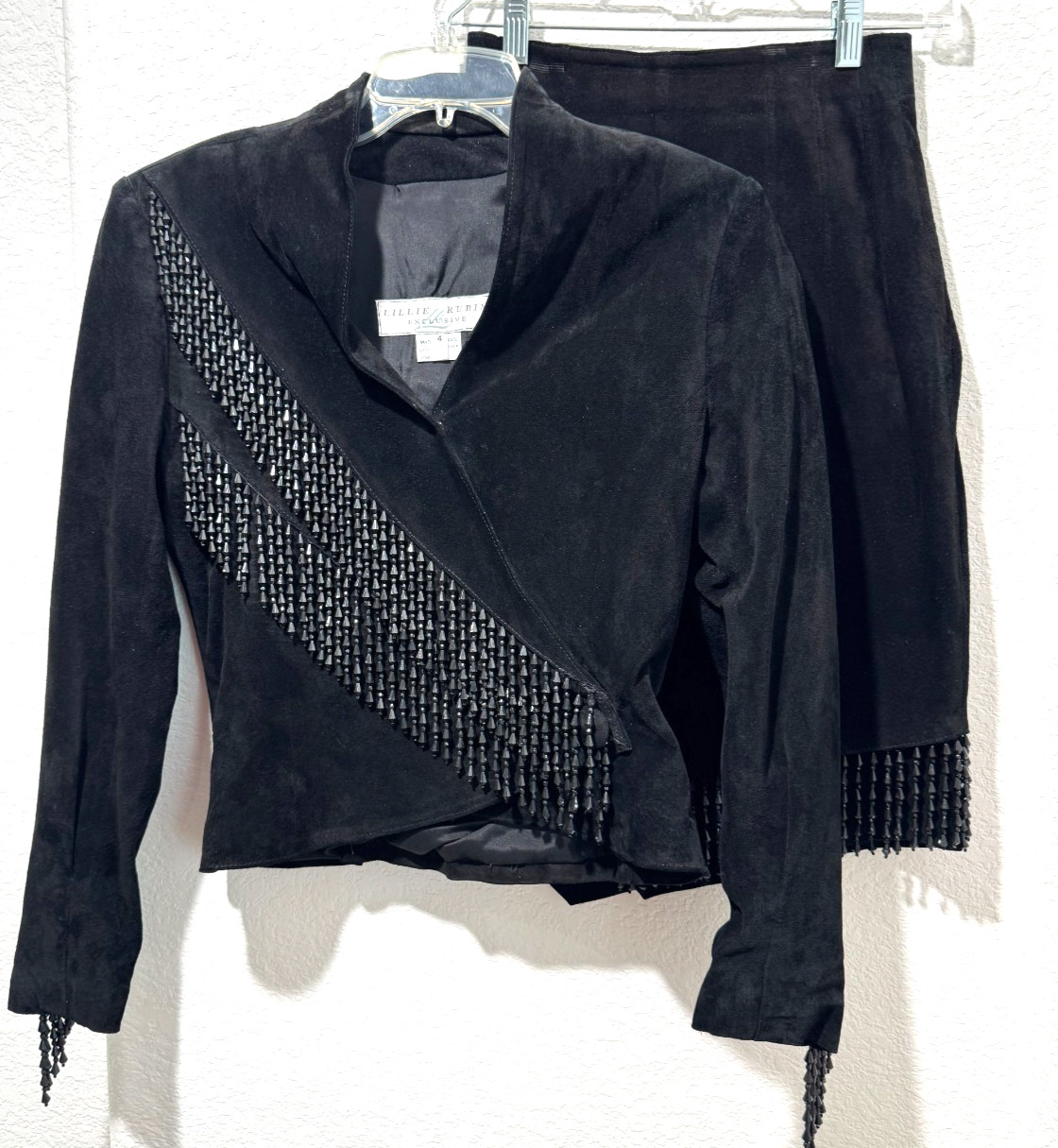 Vtg Lillie Rubin Black Suede Leather Jacket Skirt Set Bead Fringe Western Sz 4