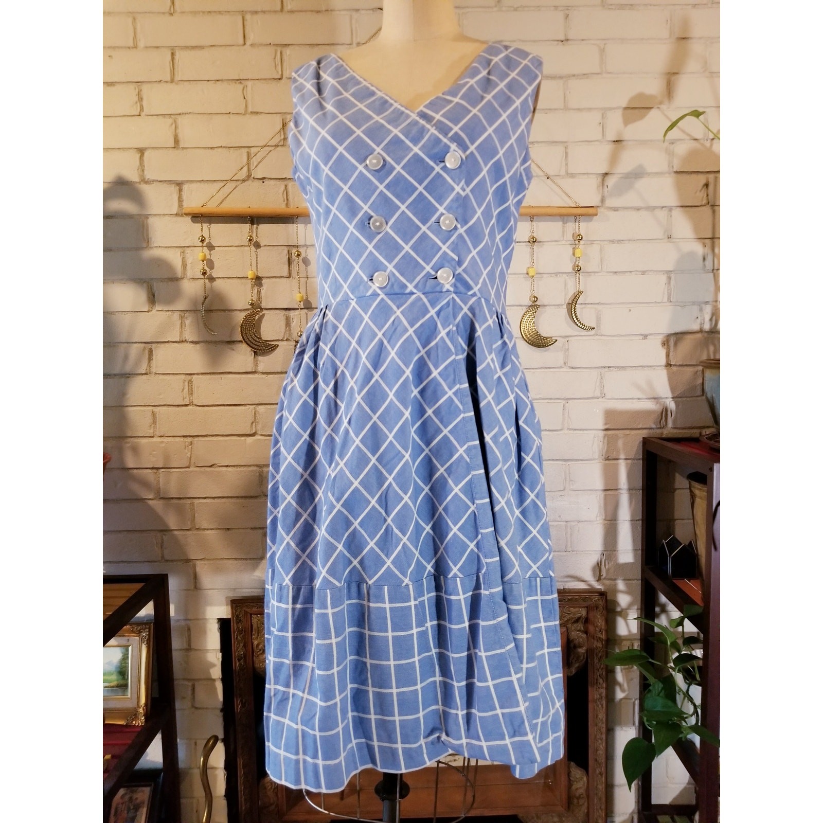 Vintage 1950s Blue White Lattice Grid Double Breasted Cotton Sundress Small