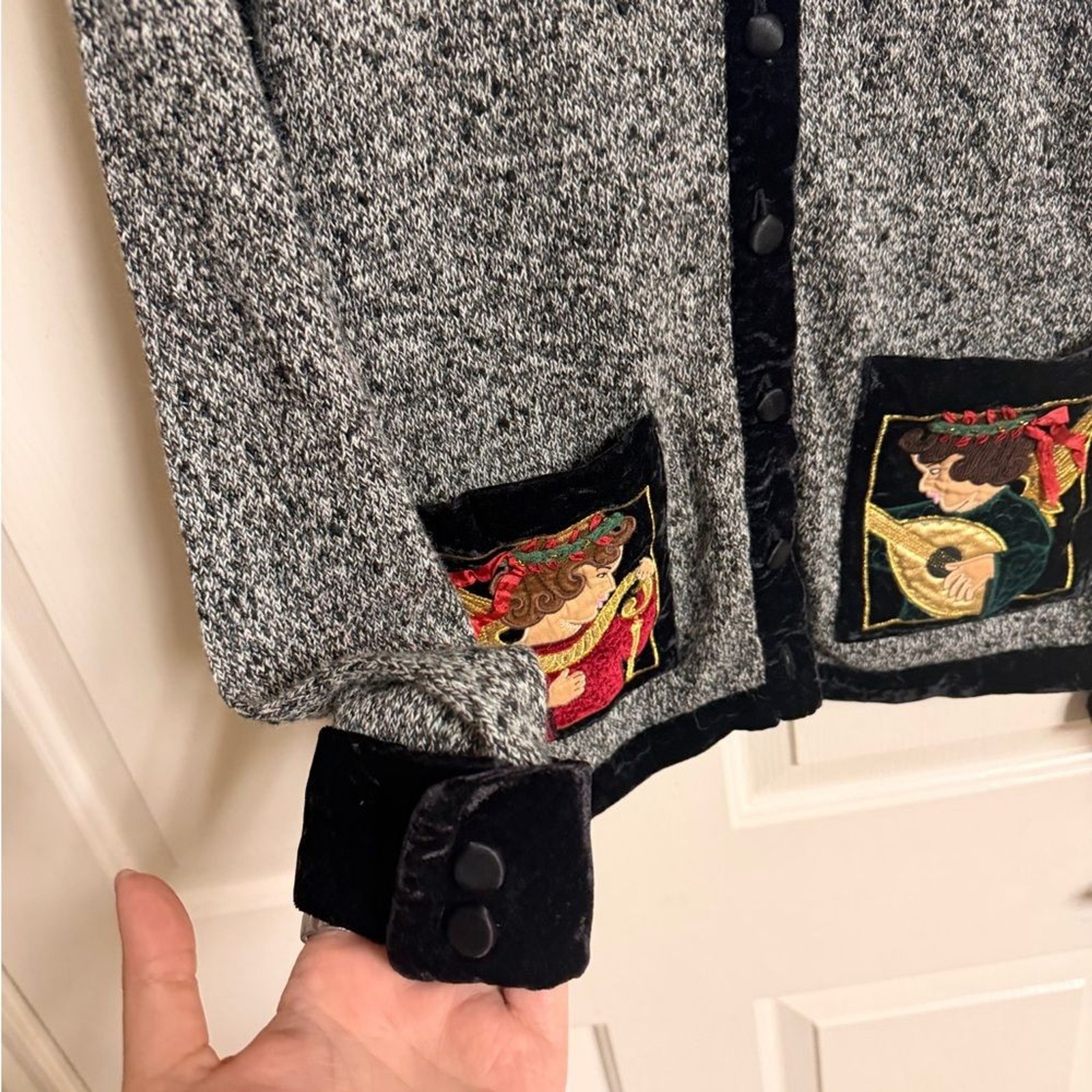 VTG 90s Sharon Young Ramie/Cotton Holiday Velvet Trim Sweater