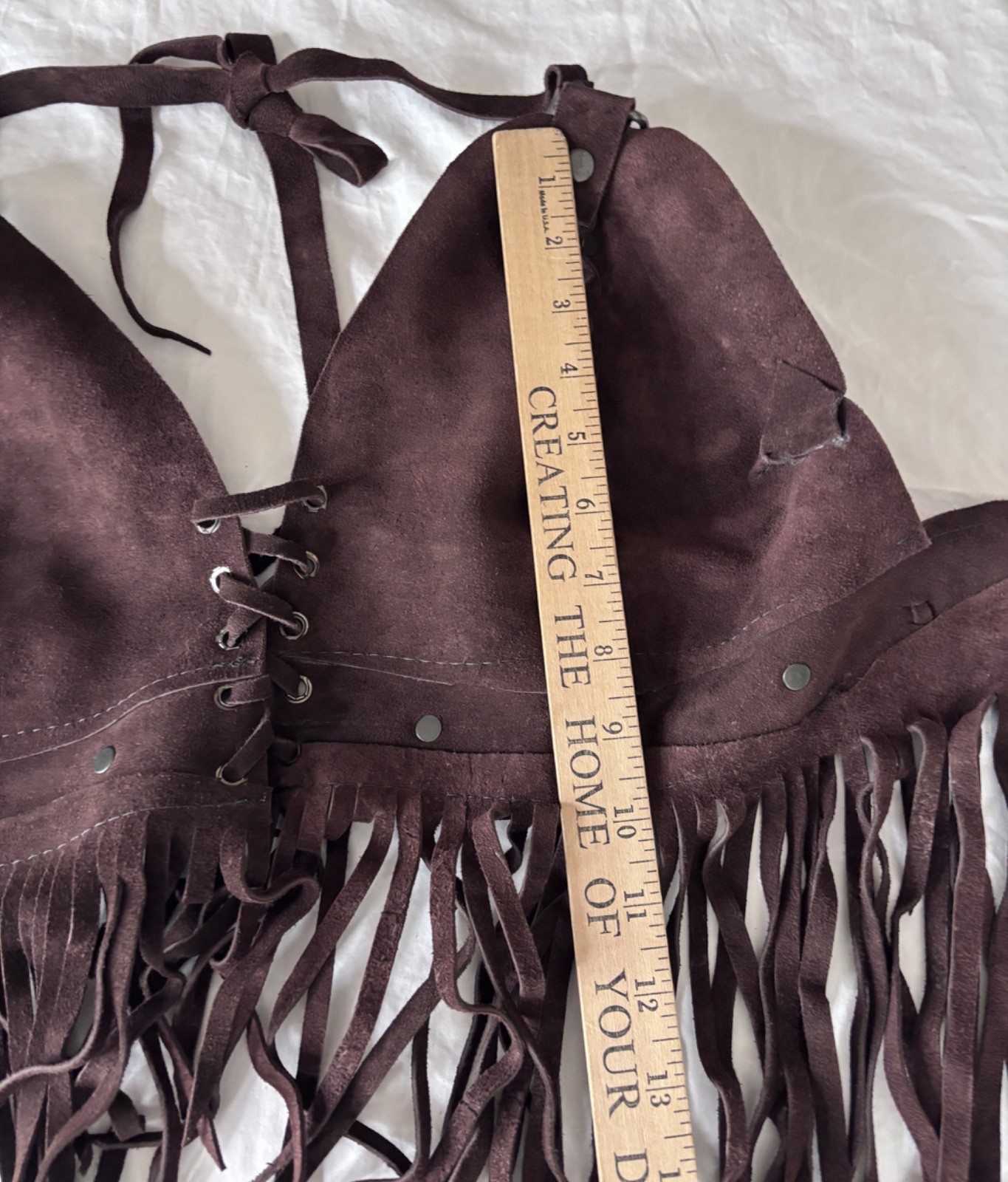 VTG Y2K DK BROWN SUEDE SILVER RIVET FRINGE HALTER CROPPED TANK TOP*S/M