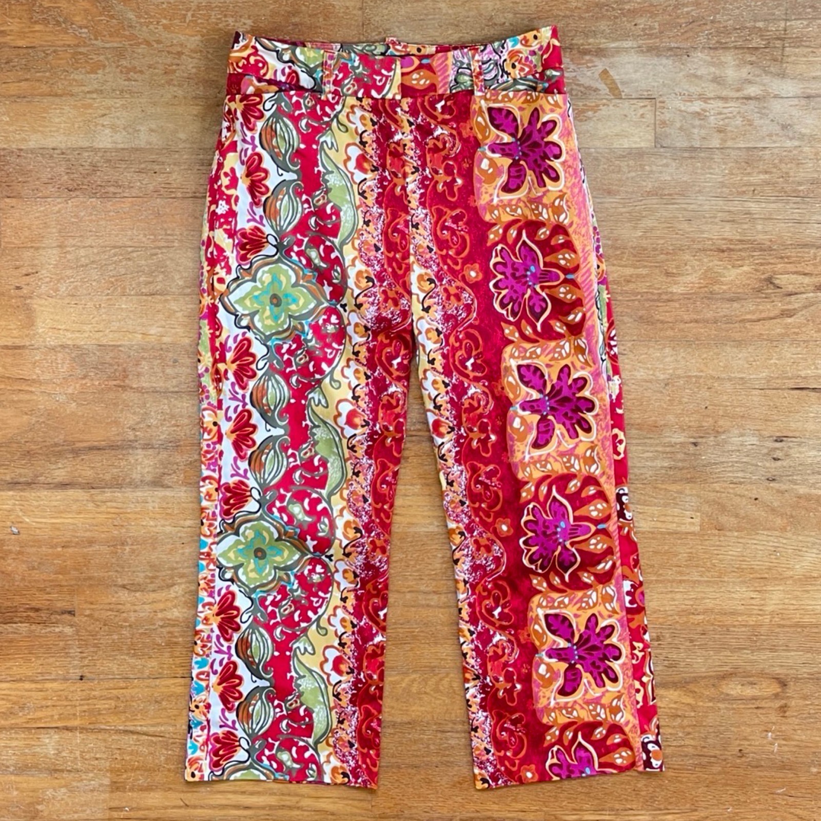 Vintage Floral Print Pants Size Medium 29″ Waist Y2K Colorful Cotton Cropped