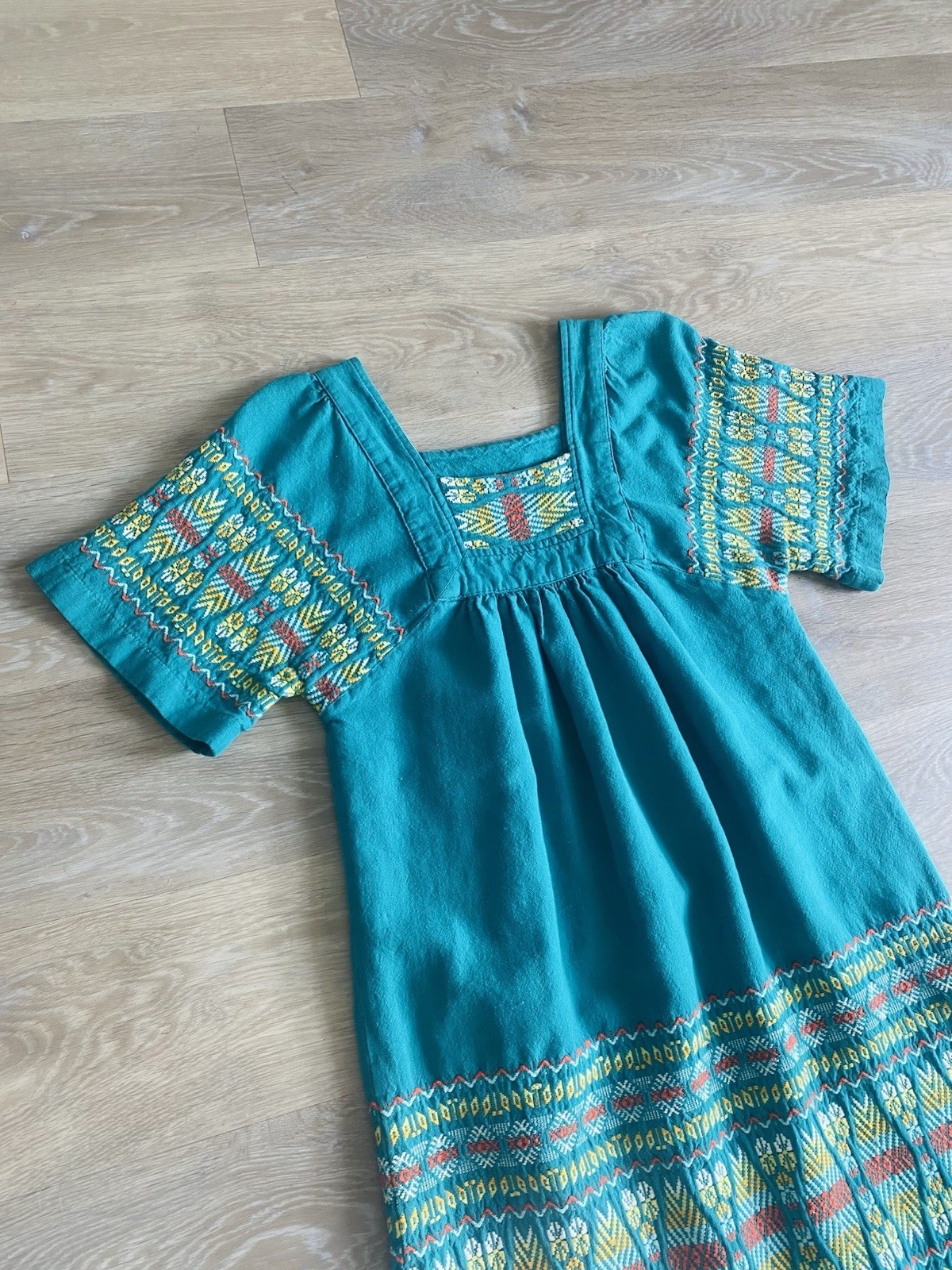 VTG 70s Paulina’s Embroidered Mexican Peasant Dress Teal Woven Cotton Boho M