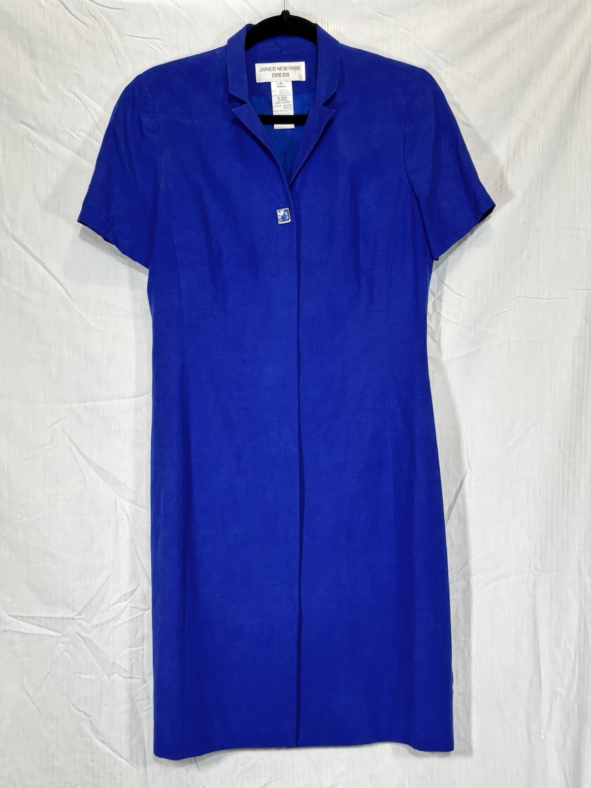 Vintage Blue Silk & Linen Tea Length Dress Size 6 80s Minimalist Short Sleeve
