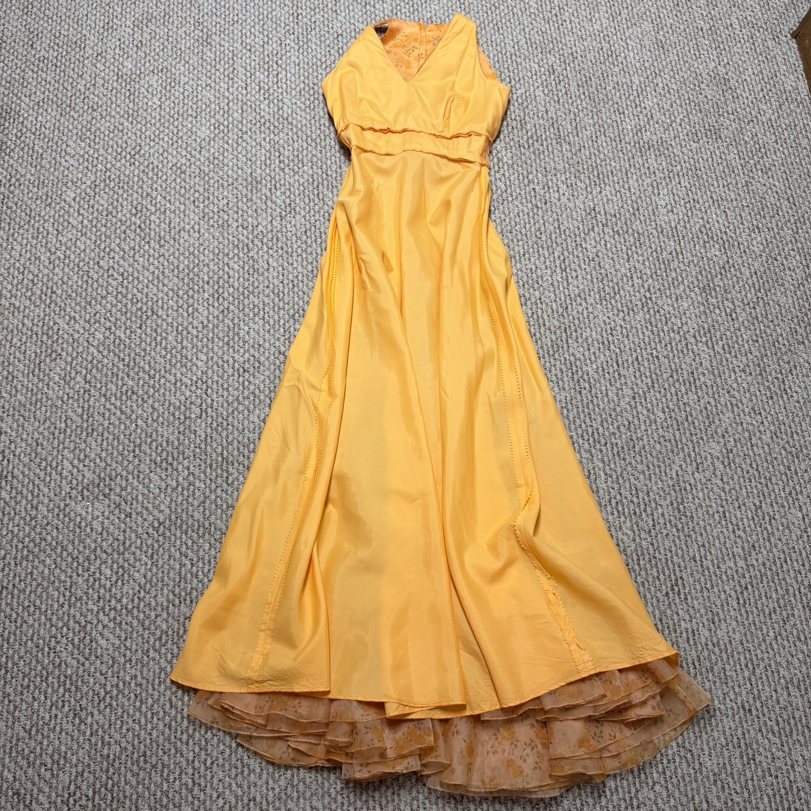 VTG 70s Maxi Dress S Floral Convertible Ruffle Cascade Bustle Train ILGWU USA