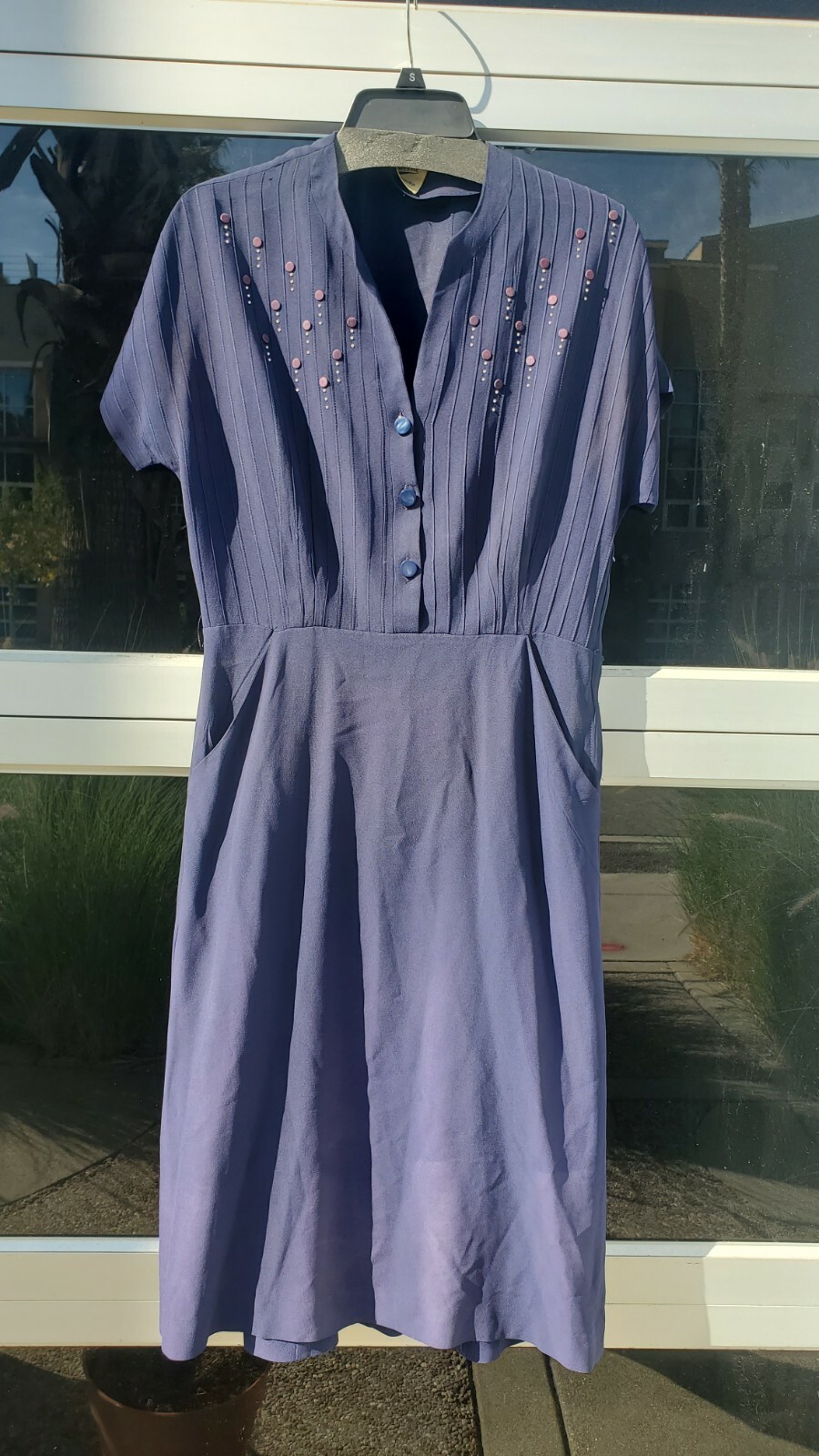 Vintage 40s Rayon Navy Deco Midi Dress Maurene Frocks WW2 Era Pintucks Crepe S M