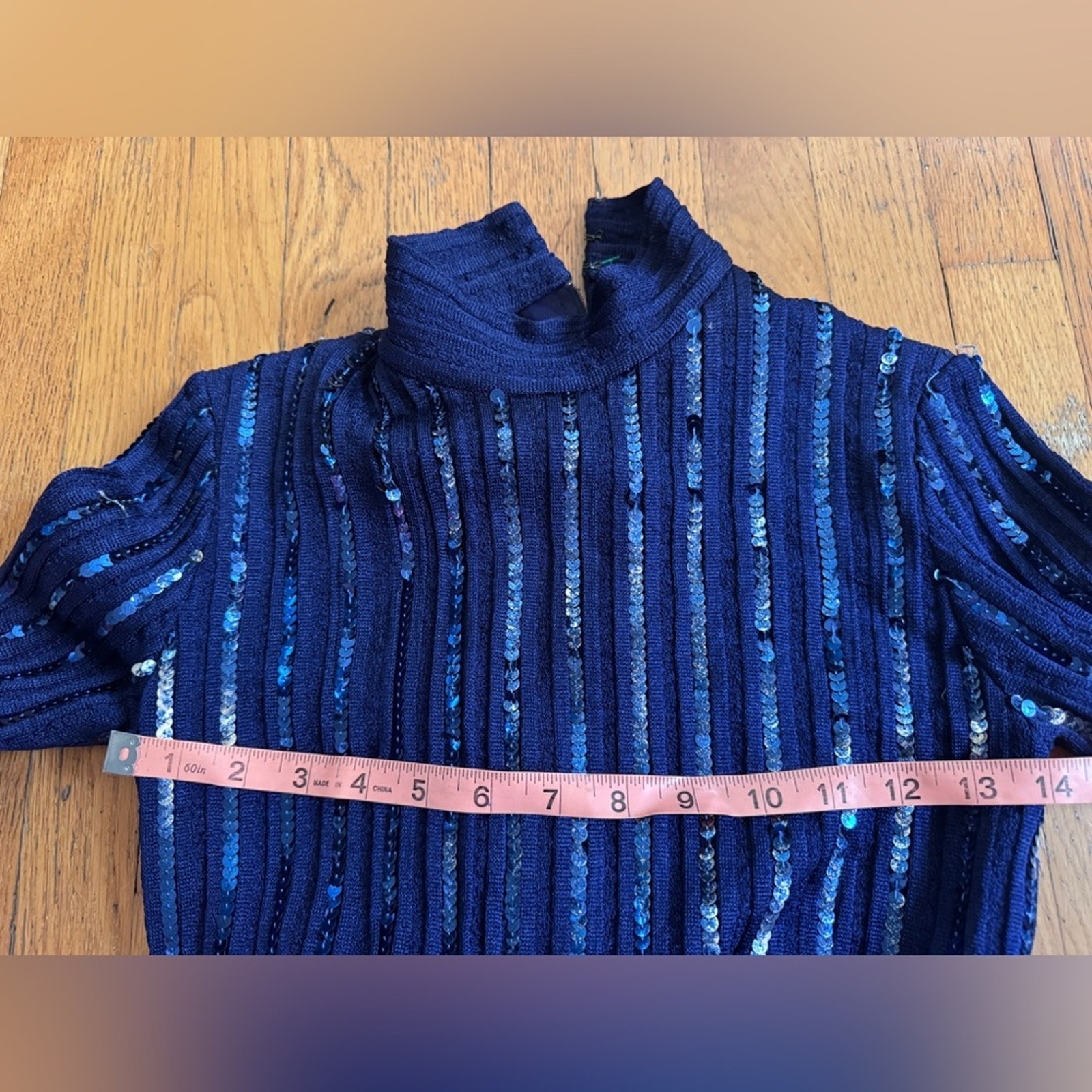 70s Vintage Perullo for Fred Perlberg Navy Blue Knit Maxi w Sequin Details Sz Xs