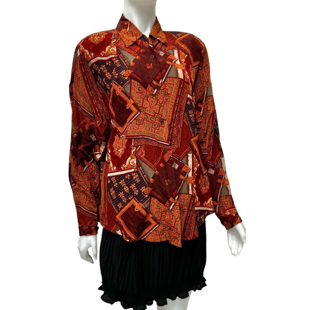 VTG Linda Allard Ellen Tracy Silk Blouse Scarf Print Office Siren 90’s 12 Tall
